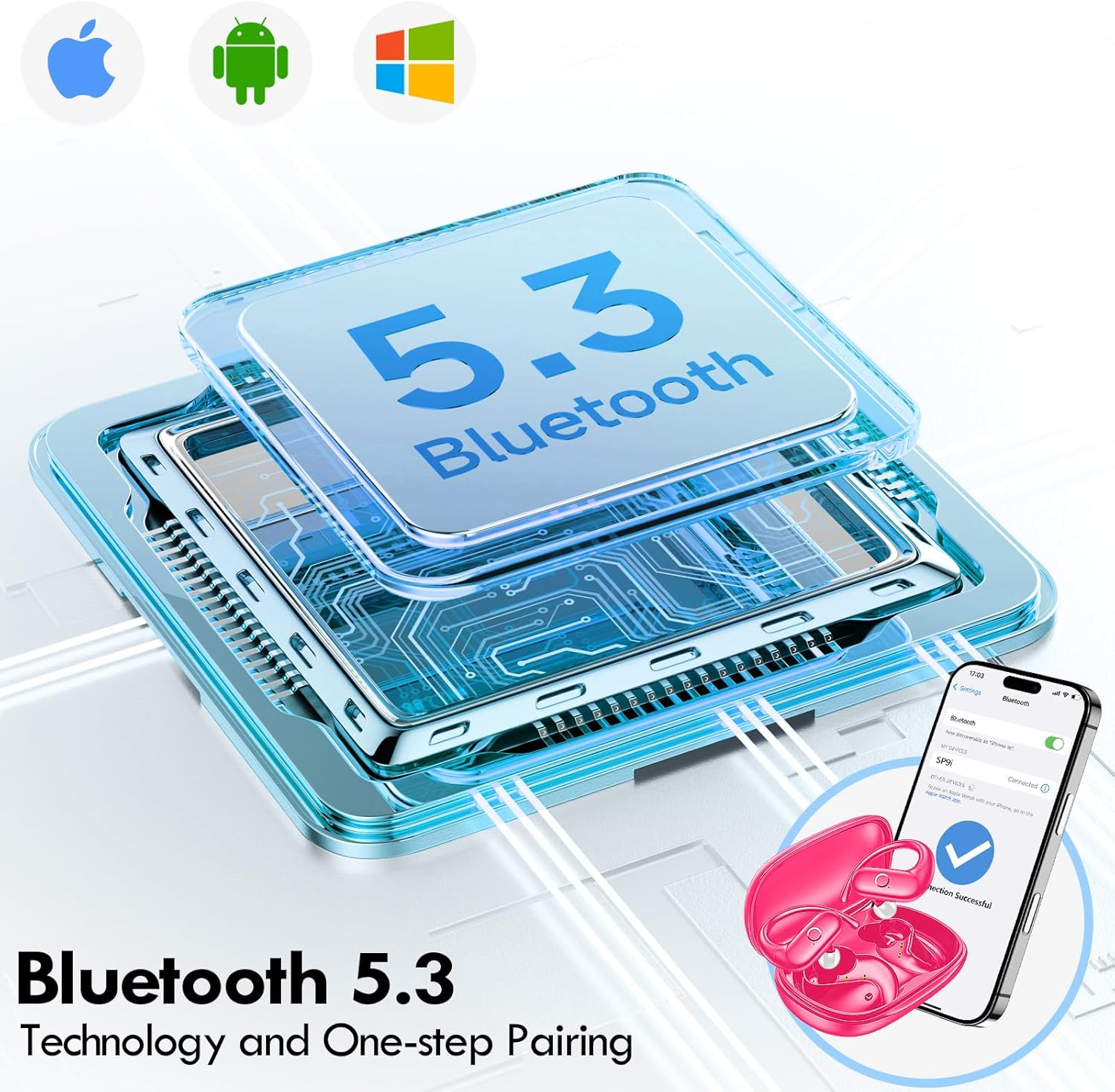 Kurdene Wireless Earbuds Bluetooth Headphones Sport,Over Ear Buds with Deep Bass Sound,60Hrs Playtime Earphones Redesigned Comfort Fit with Earhooks for Running,Meeting,Workout-Hot Pink