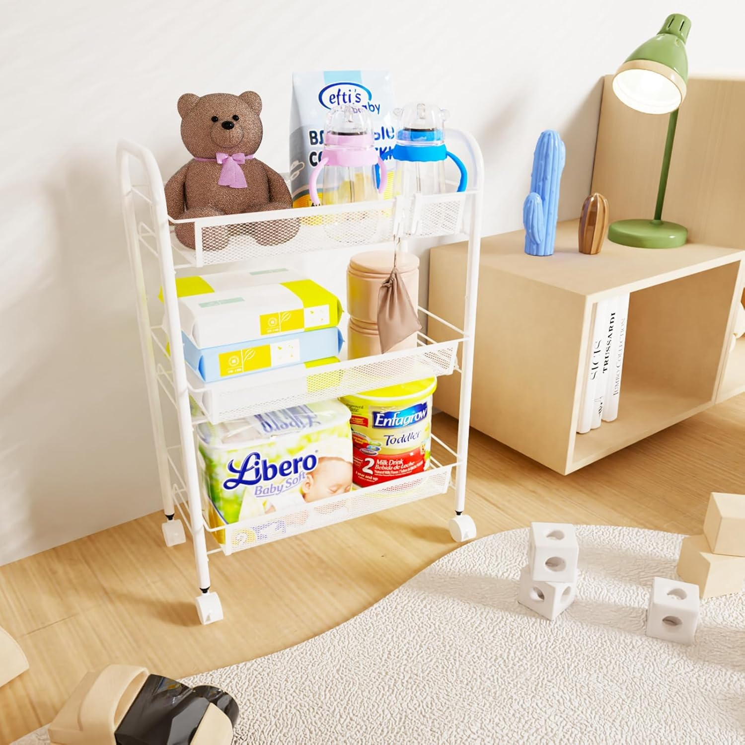 3-Tier Metal Storage Trolley, Rolling Cart, Mesh Storage Cart, Mobile Storage Trolley, Portable, Stable and Easy to Set Up, Bedroom Kitchen Bathroom Toilet Living Room Storage Cart, Metal, White image number 1