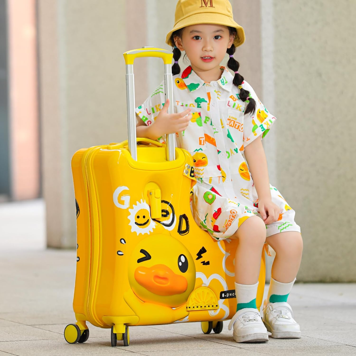 AO WEI LA OW Kids' Lightweight Ride on Luggage with Spinner Wheels & Foldabe Design, Pink, 20"+ Aged 1-3 Toddler, Yellow Good image number 6