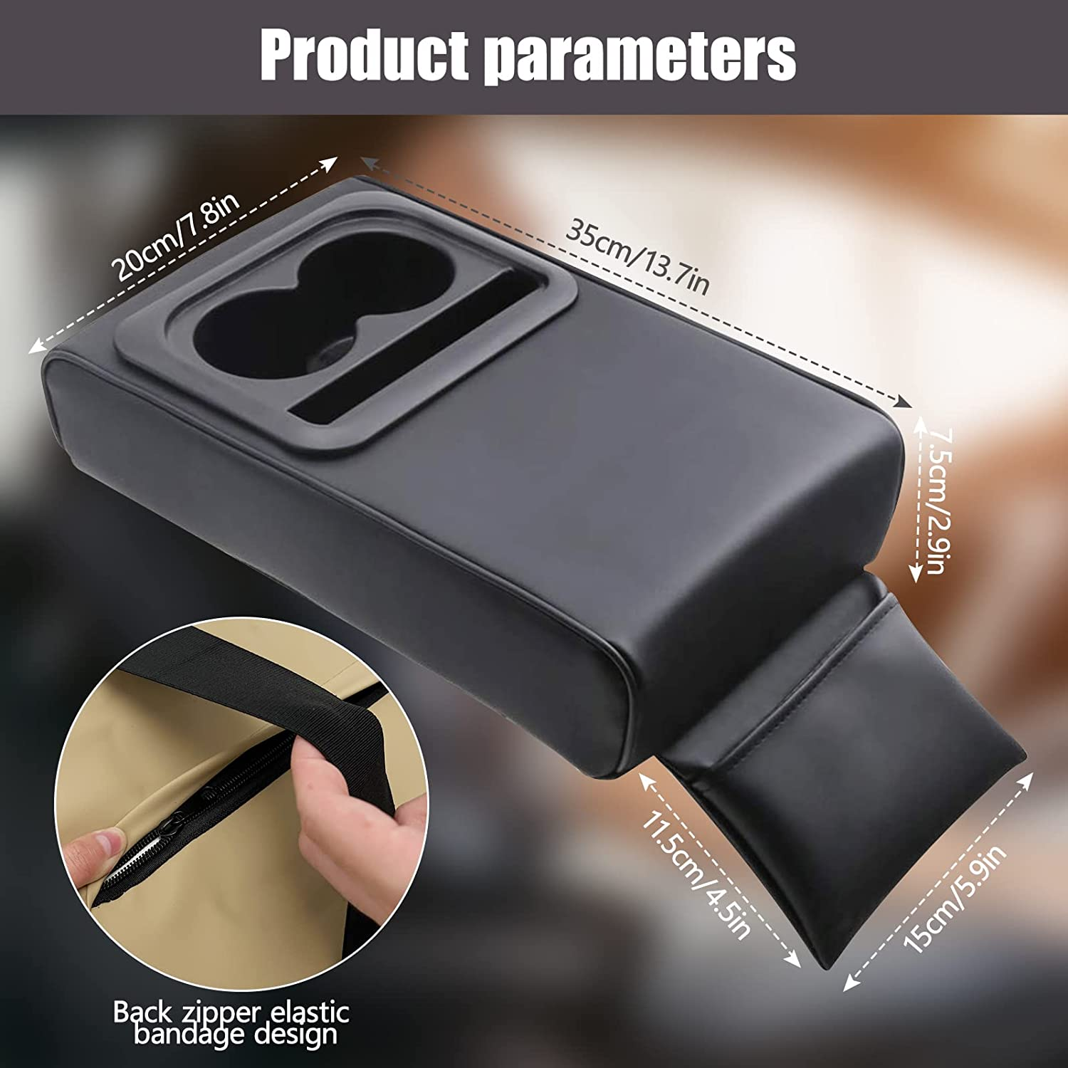 Car Armrest Box Cushion with Phone & Cup Holder, Universal Leather Center Console Armrest Cover Memory Foam Pillow with Bling Coaster, Auto Arm Rest Support Cushion Protector Interior Accessories image number 4