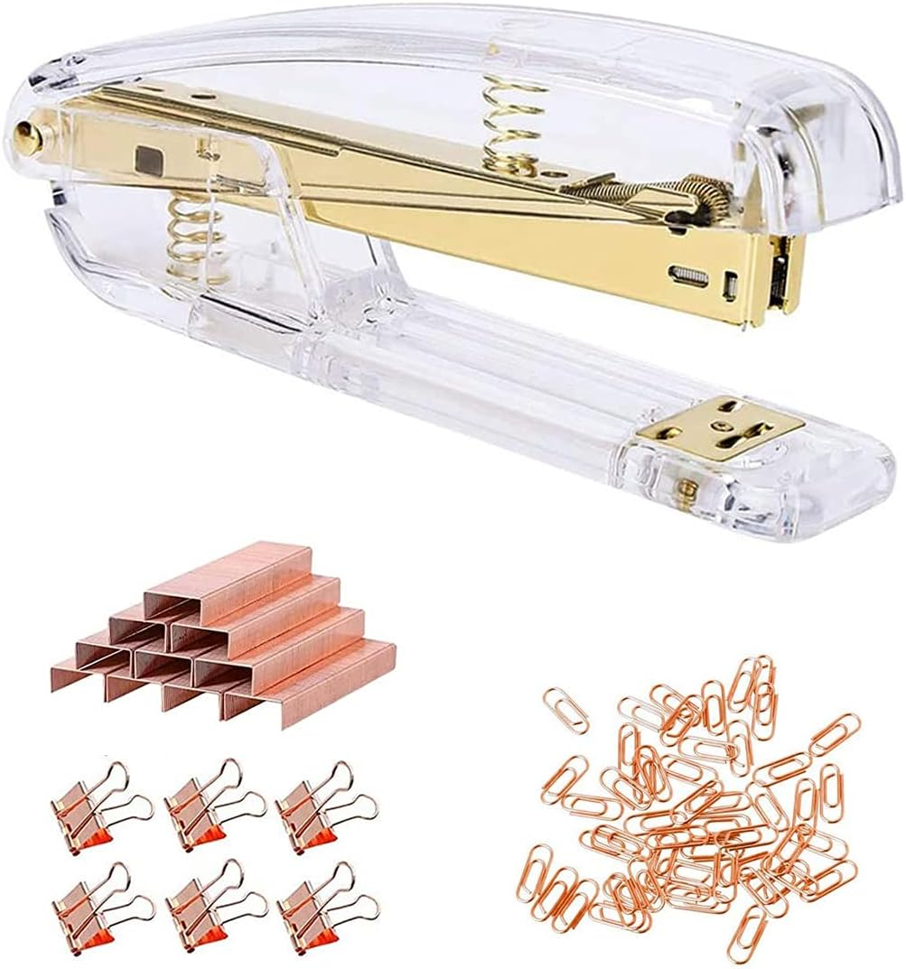 Acrylic Desktop Stapler with 1000 26/6 Staples, 6 Binder Clips & 50 Paper Clips, Desk Accessory Kit for Home Office School (Rose Gold)