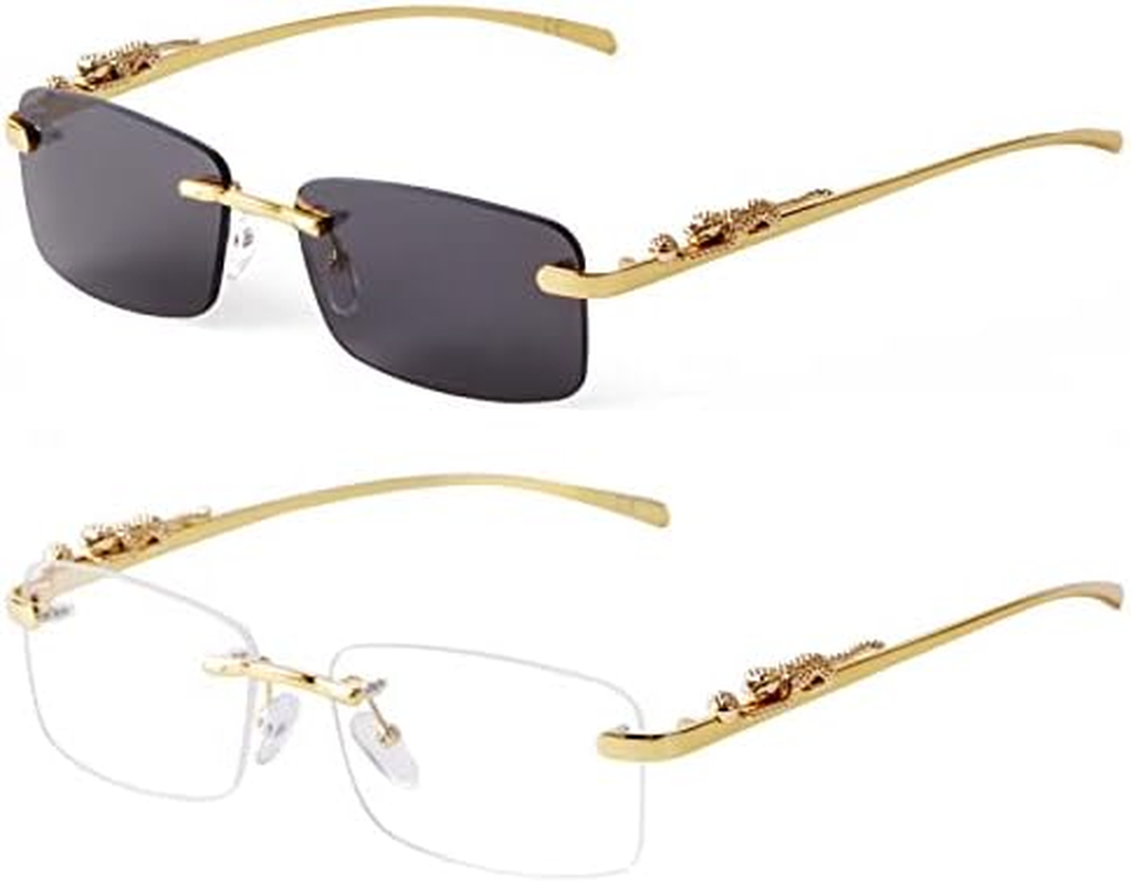 Small Narrow Rimless Sunglasses Fashion Frameless Rectangle Tinted Lens Eyewear 90S Glasses for Women Men (Top Grey Bottom Pink) (Gradient Brown) - 2Pc:Clear+Blue Gradient image number 4