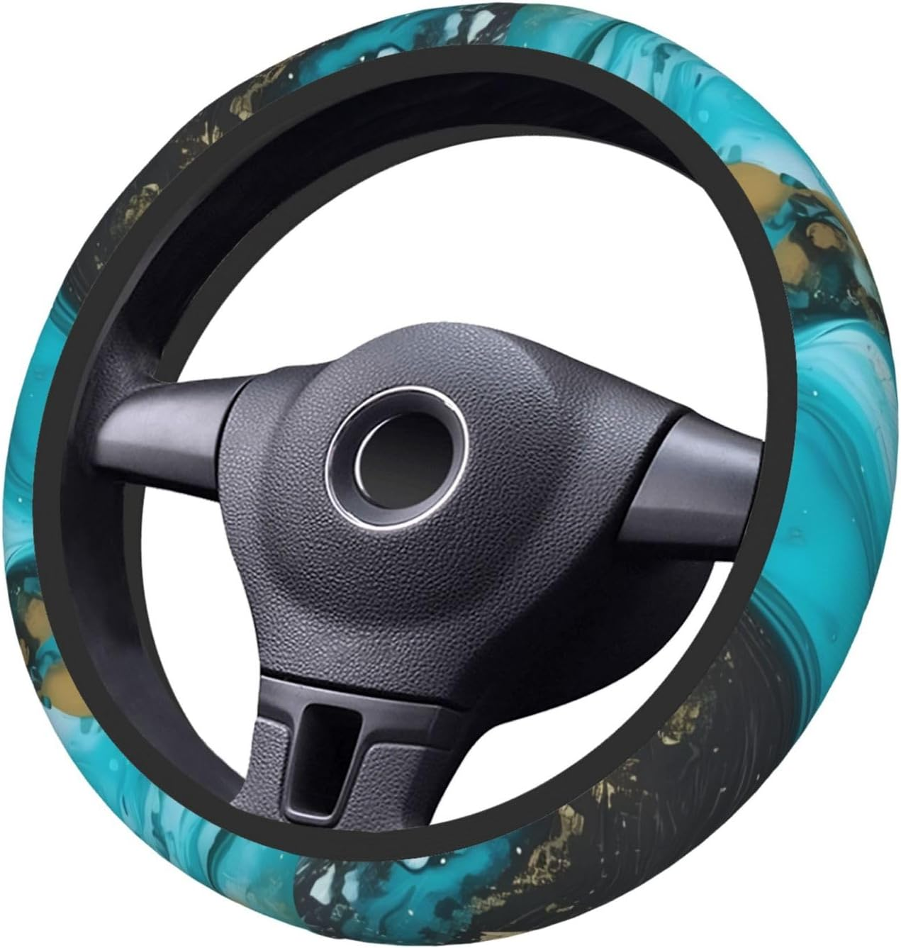 Turquoise Blue Gold Marble Print Steering Wheel Cover Non-Slip Car Steering Wheel Covers Neoprene Elastic Car Steering Wheel Protector Cover Universal 38 CM for Car Accessories image number 3