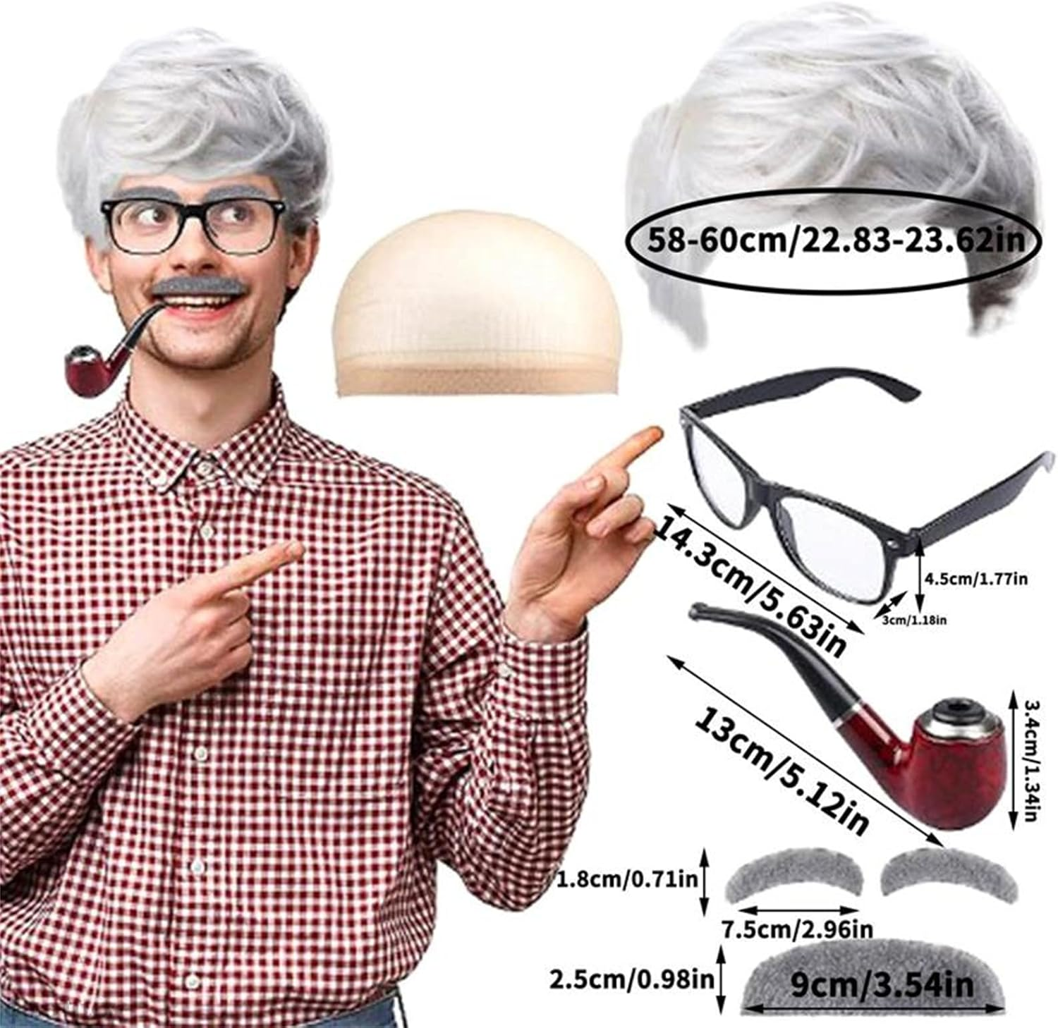 6PCS Funny Old Man Wig Set, Old Man Cosplay Accessories with Grandpa Wig, Wig Mesh Net, Glasses, Fake Moustache and Eyebrows, Grandpa Costume for Halloween Party image number 6