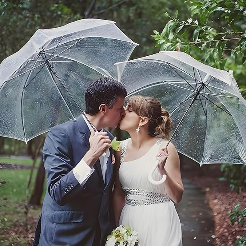 10 Pcs Clear Wedding Umbrellas 37'' Bulk Auto Open Stick Umbrellas Dome See Through/Transparent Umbrella for Wedding,With White J Hook Handle for Bride Bridesmaid/Groomsman Party Photo Rain Ceremony image number 4