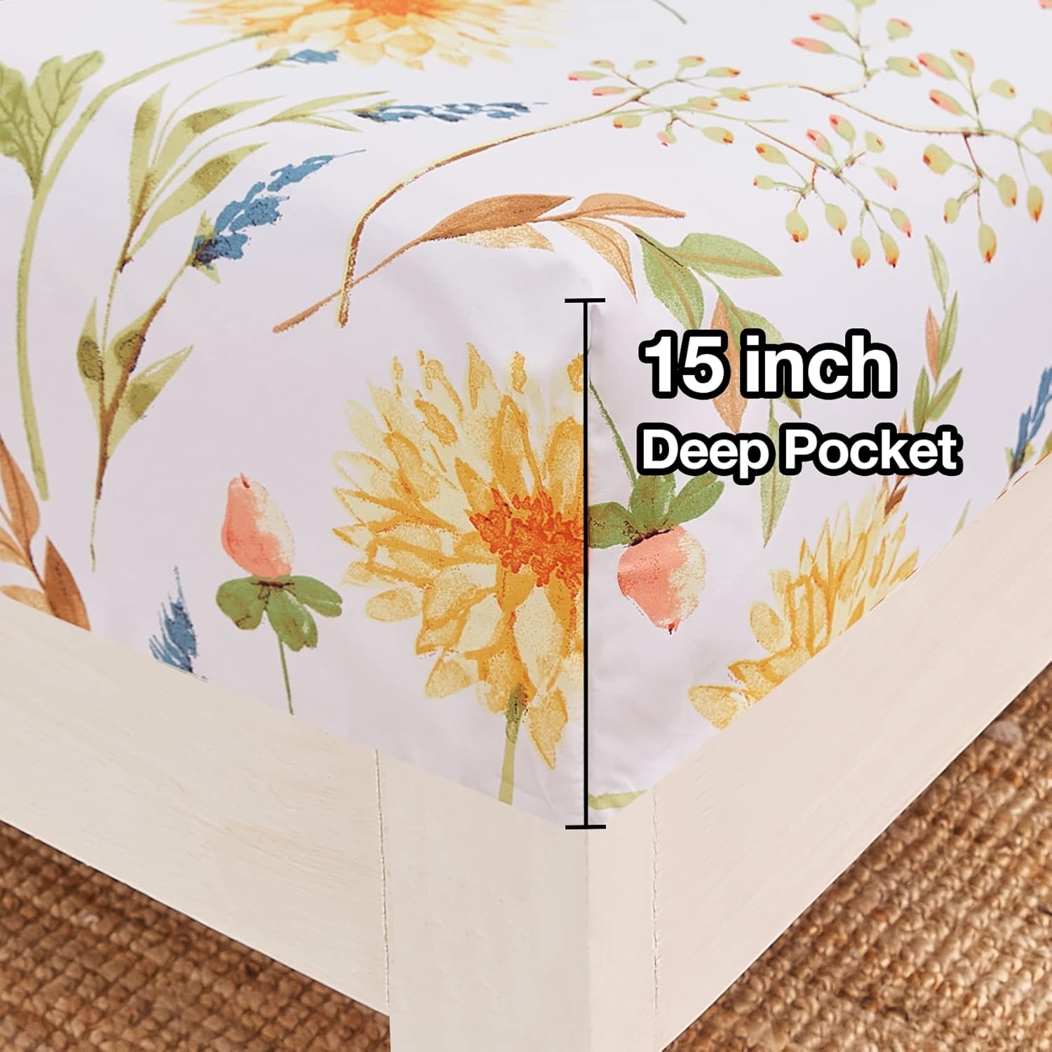 JSD 6 Piece Yellow Floral Print Sheet Set Queen Size, Soft Botanical Microfiber Sheets and Pillowcases Deep Pocket image number 4