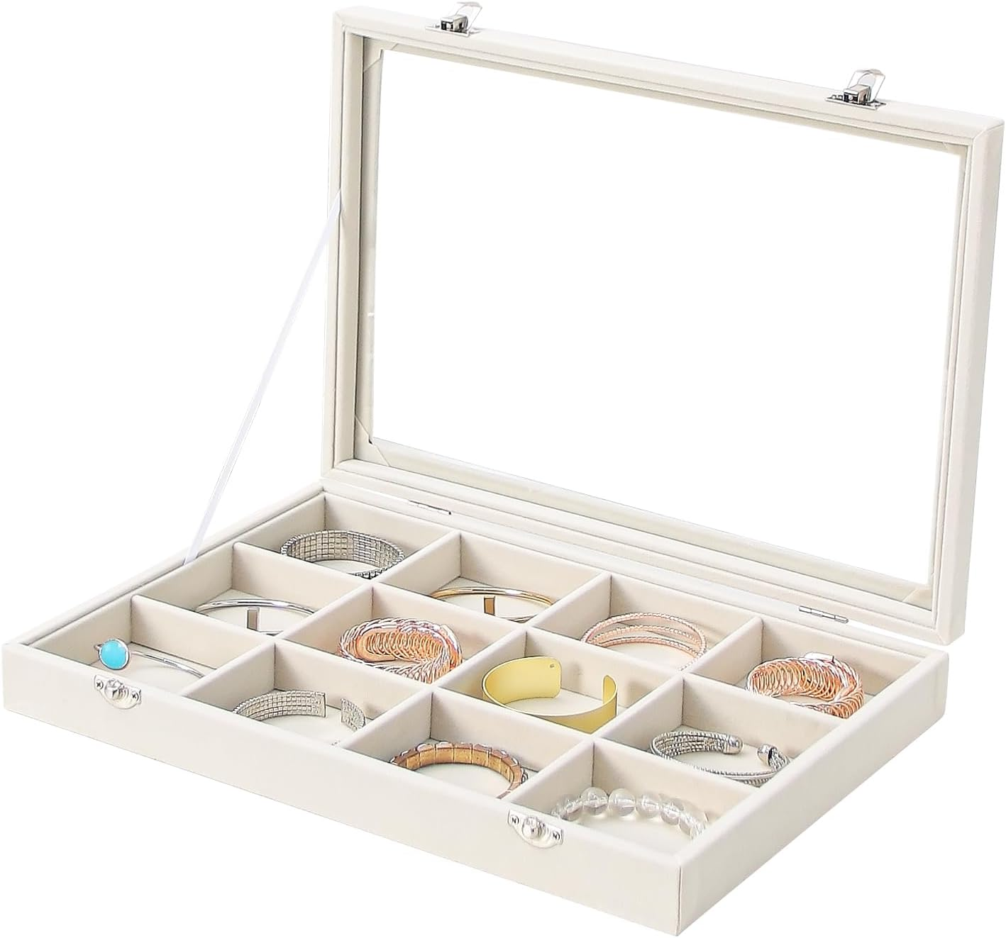 Coward Jewelry Organizer Box, Beige Velvet 12 Grids Bracelet Bangle Necklace Jewelry Display Tray Case with Transparent Glass Lid for Home Drawer Desk or Store Selling Show image number 4
