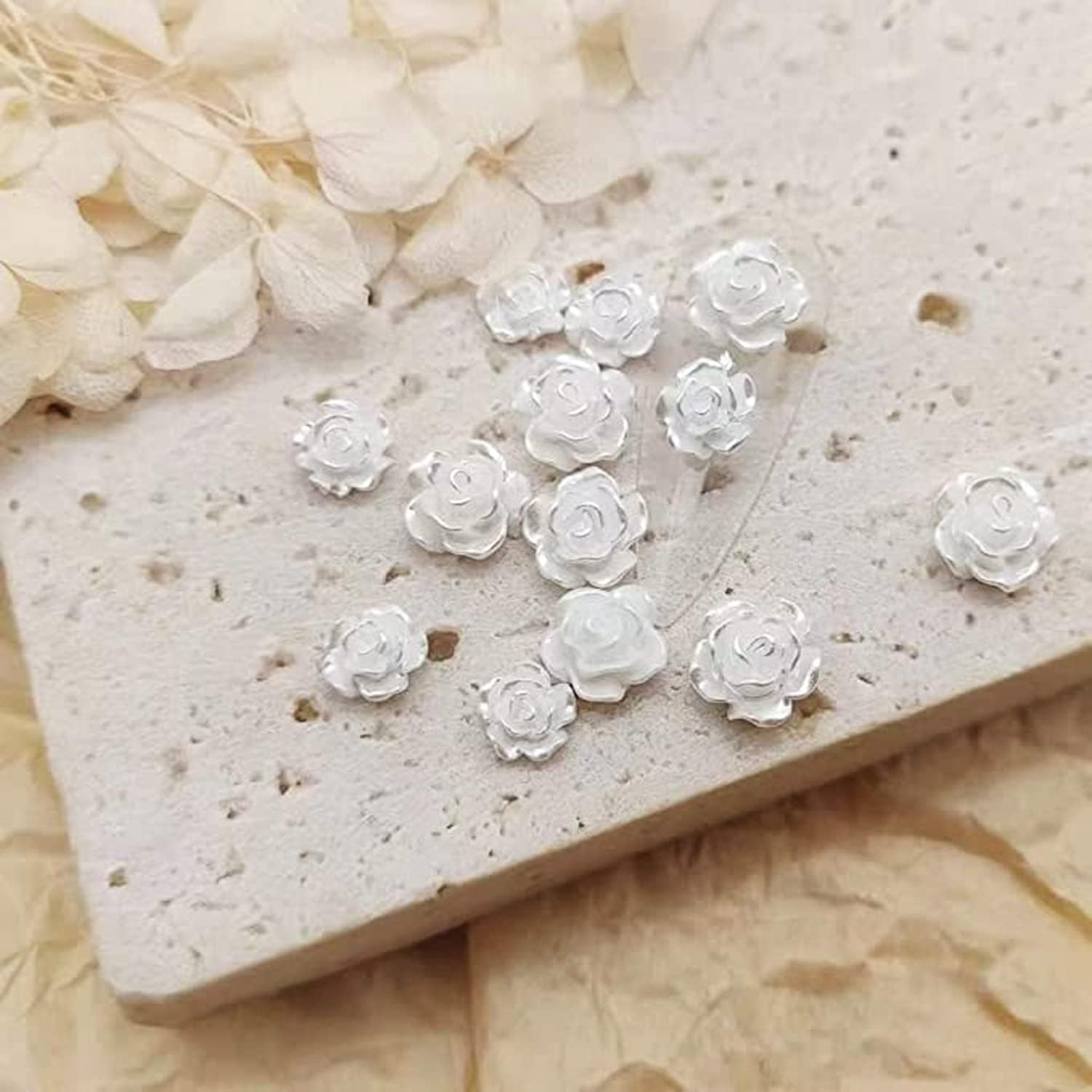 60 Pieces of 3D Nail Art Roses, Beauties Factory Resin Rose 6.5Mm & 8Mm Snow White ICY Aurora Tips Decorations (White) image number 6