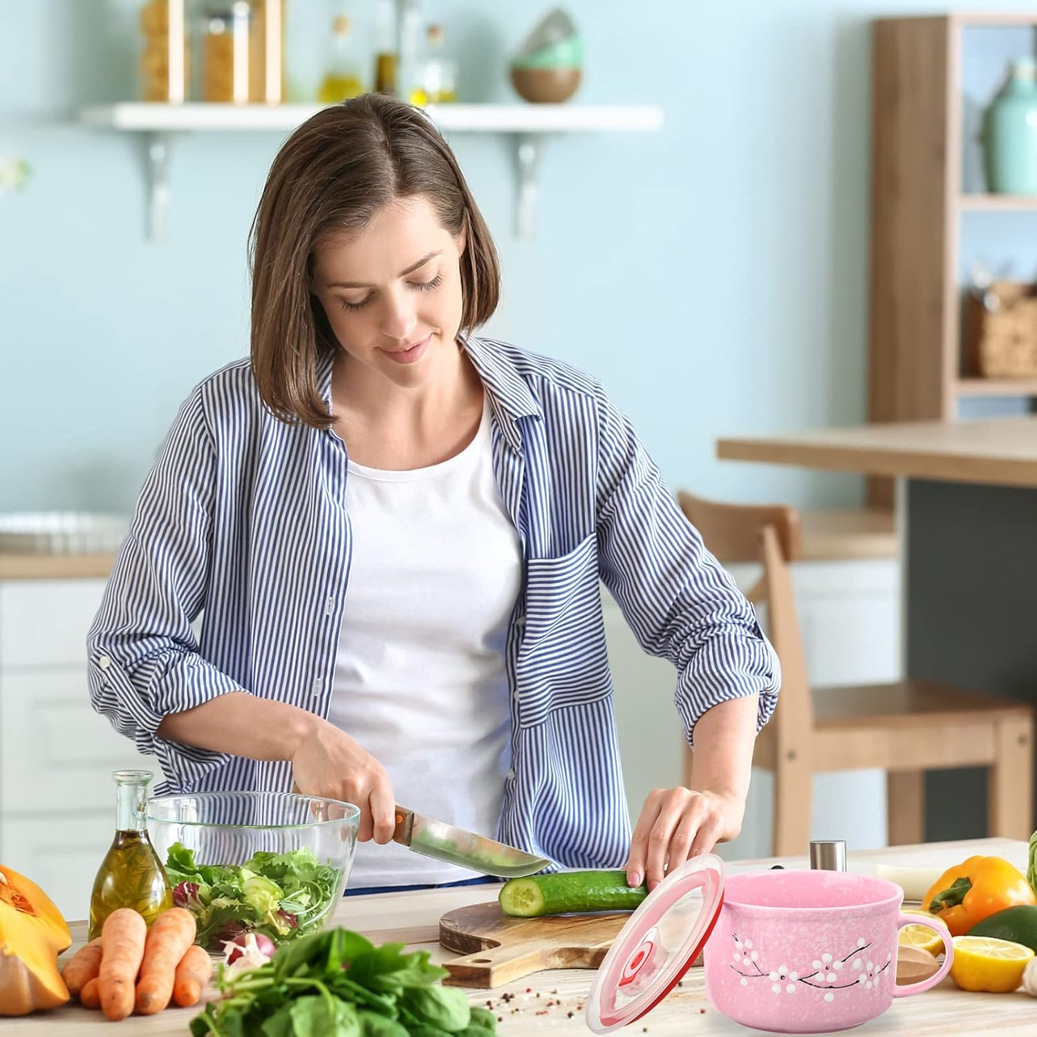 SEEWEY 2 Pcs Floral Ceramic Bowl with Lid and Handle 30 Oz Soup Bowls Heat Preservation Instant Noodles Mug Soup Cup Microwavable Bowls for Ramen Noodle Cereal Travel image number 6