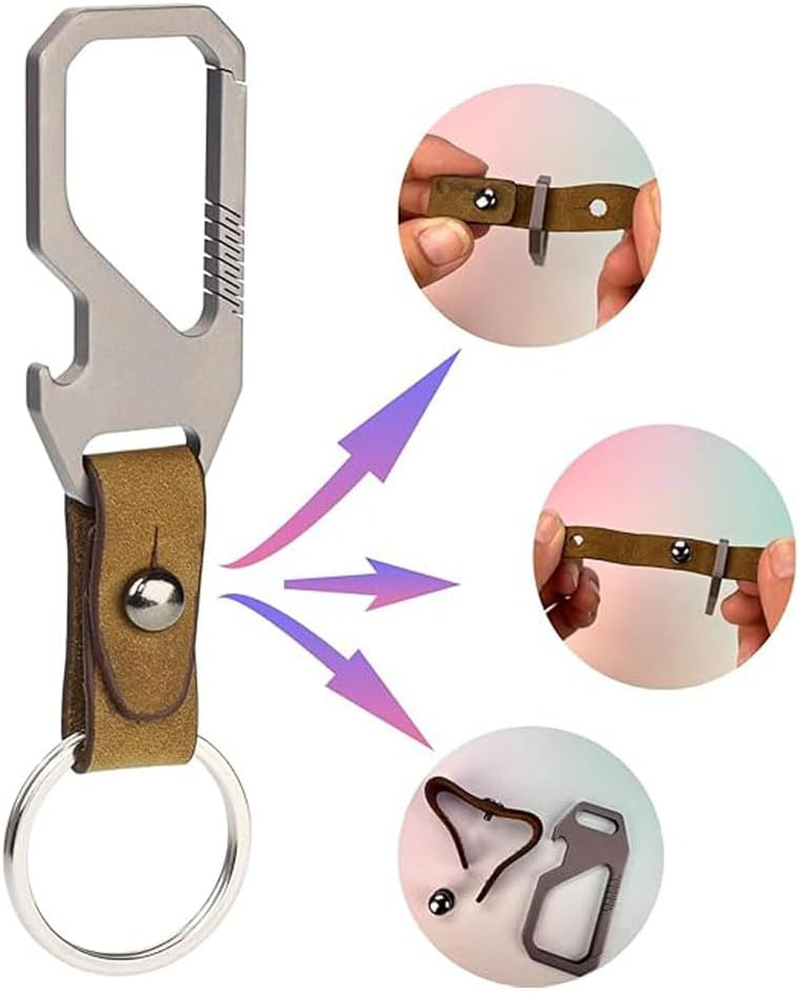 Premium Titanium Key Keeper with Genuine Leather Belt Loop with Secure Carabiner Clip, Built-In Bottle Opener and Compact Key Ring Ultra-Lightweight and Durable Everyday Carry Essential