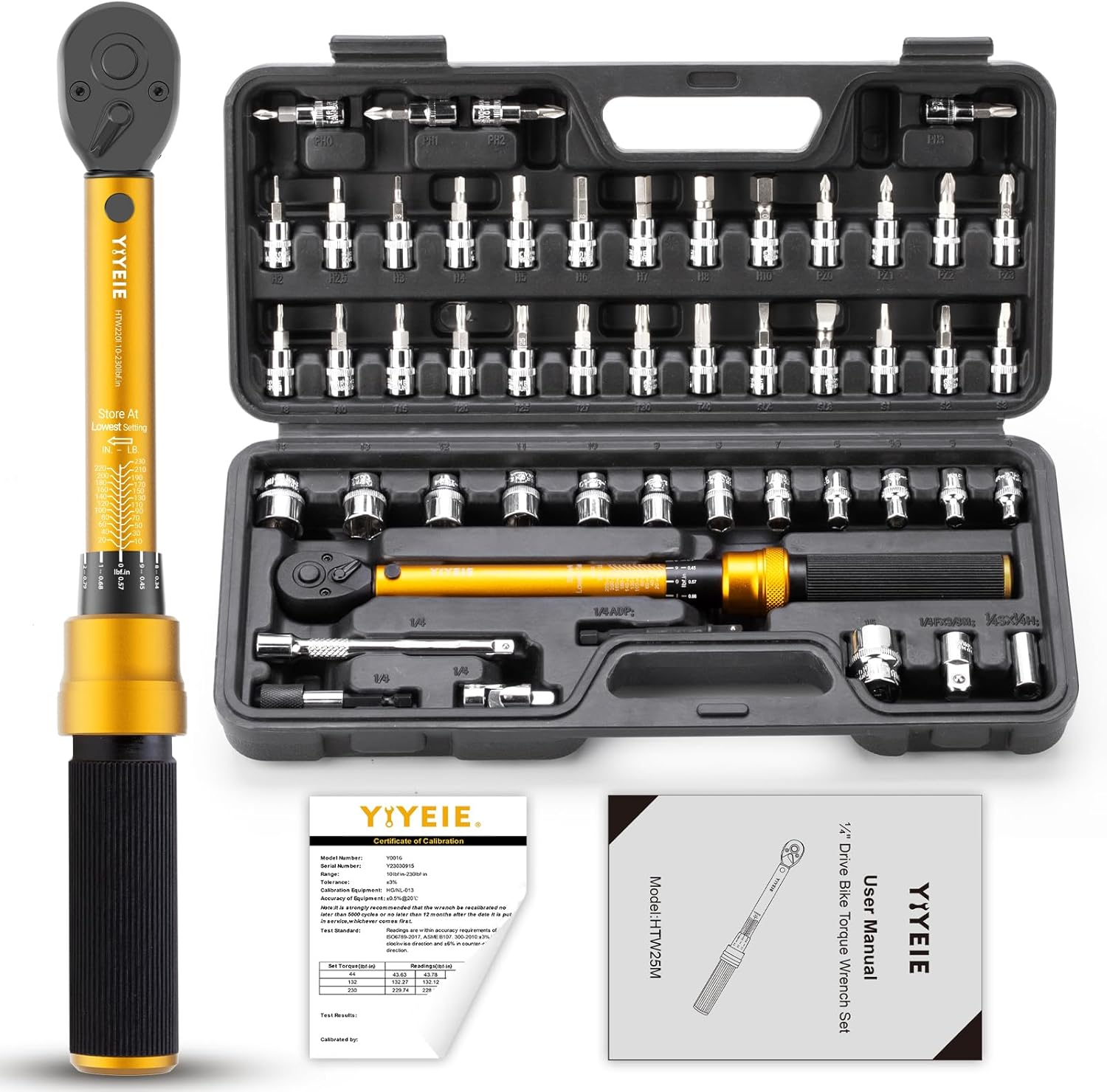YIYEIE 50Pcs Master Bike Torque Wrench Set, 1/4 Inch Drive, 10-220 IN.LB (1-24.9 Nm), Inch Pound Click Torque Wrench with Bit Sockets, 0.1 Nm Micro, 3/8 Adapter, Pro Bicycle Tool Kit for MTB