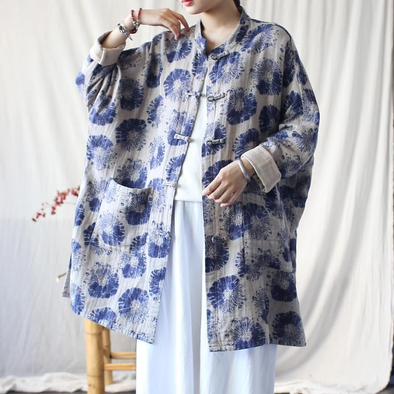 Women'S Vintage Chinese Style Cotton Linen Jacket Long Sleeve Frog Button Coat Loose Fit Tops Blue image number 3