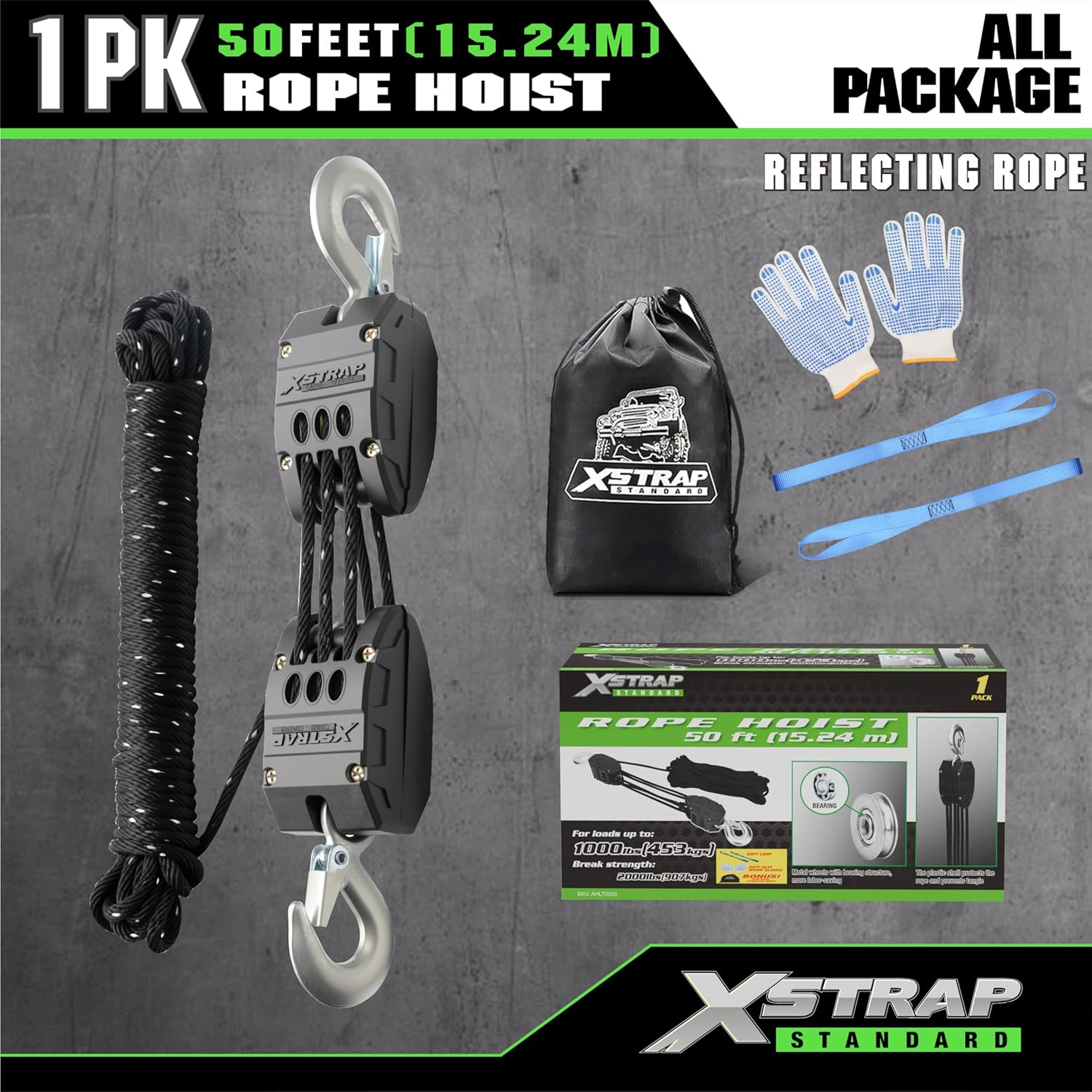 XSTRAP Standard Heavy-Duty 2,000LB Reflective Rope Hoist Pulley 50 Feet Wheel Block and Tackle System with 2PK 18 Inch Soft Loops for Animal Husbandry, Garage, Warehouse, Constructions image number 2