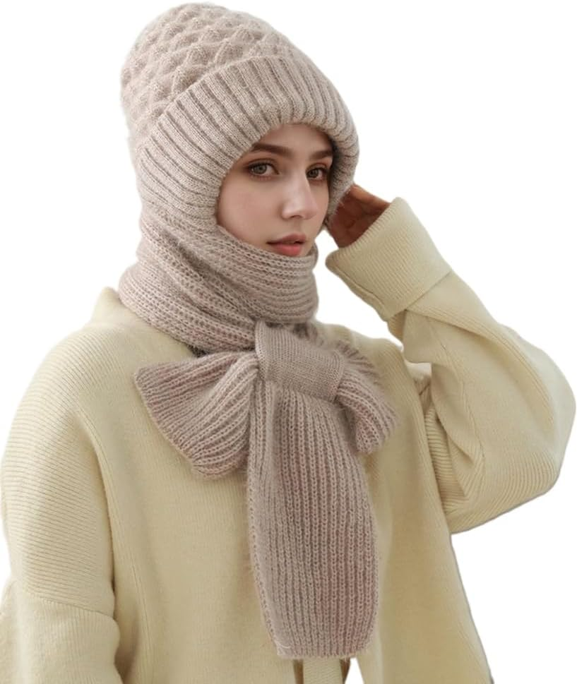 Women Winter Beanie Hats Scarf One-Piece Fleece Lined Warm Knit Ear Protection Integrated Hooded Scarf Cap - Blue image number 6