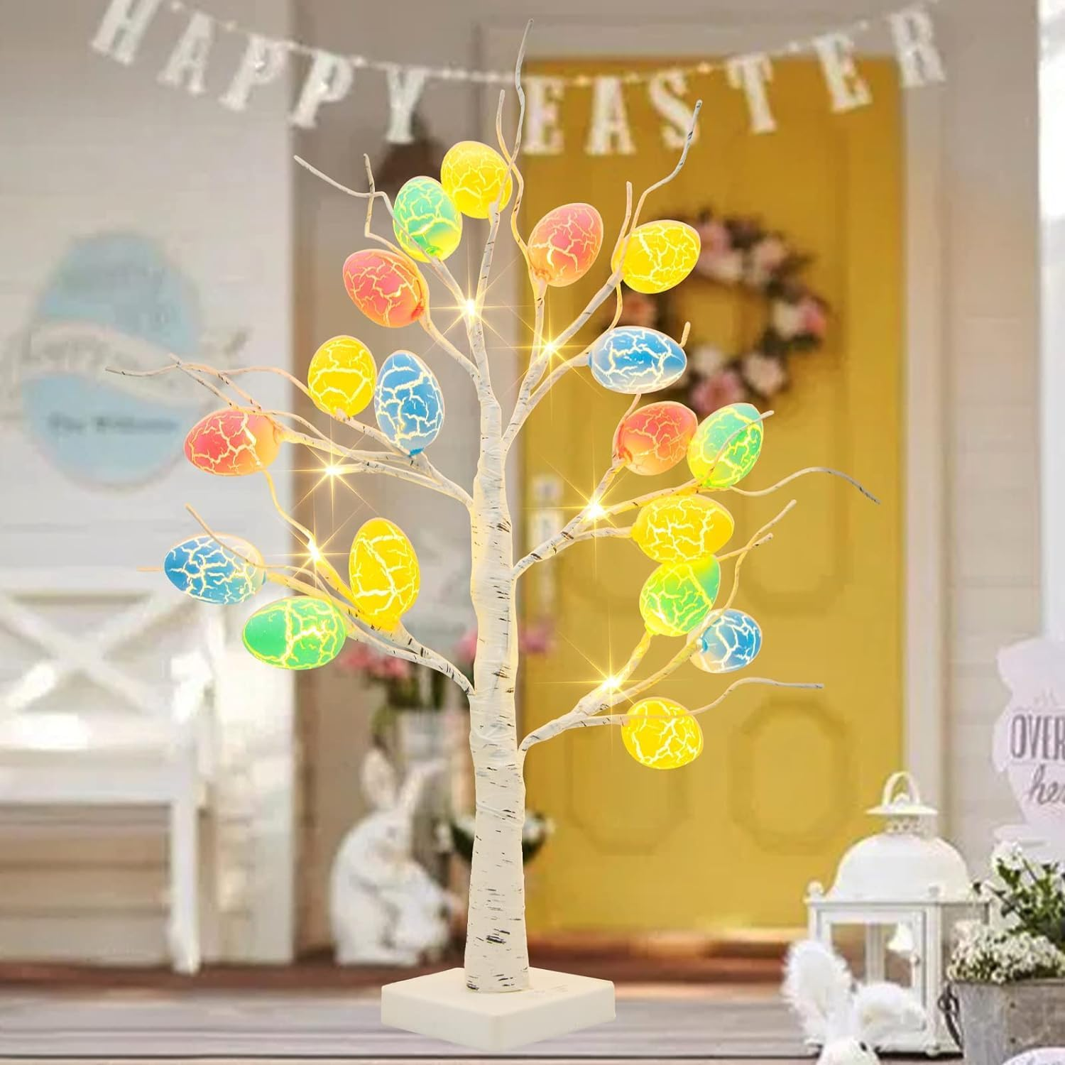 24 Inch Easter Pre-Lit White Birch Tree with Egg Ornaments, 24 Warm White Led Lights Table Centerpiece for Party Home Easter Decorations image number 4