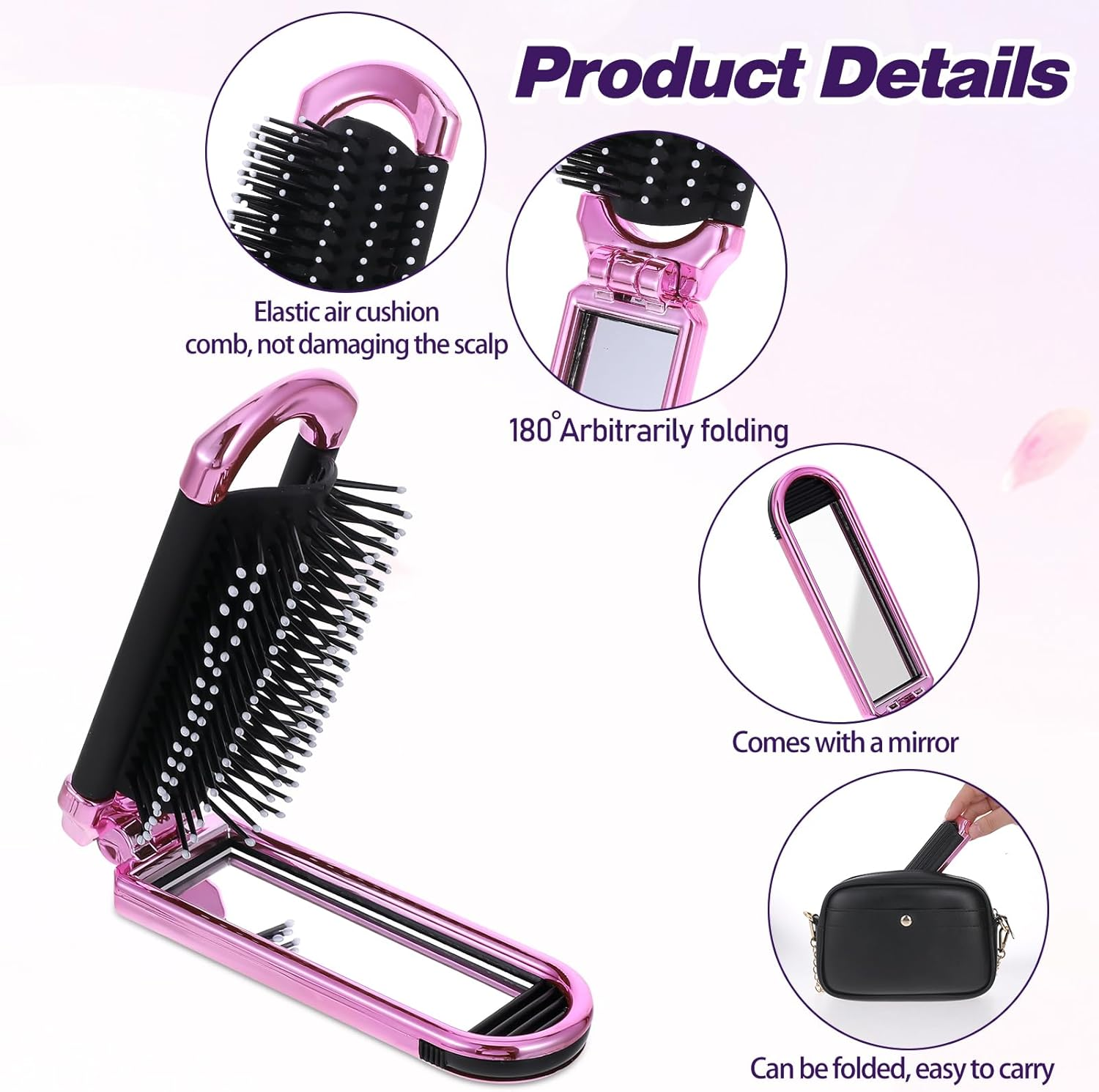Mozeat Lens Mini Travel Hair Brush, Small Foldable Hair Brush, Compact Hair Brush with Mirror Nylon Bristles for Women and Men, Portable Pocket Comb for Car, Sports Bag, Handbag (Electroplating Pink) image number 1