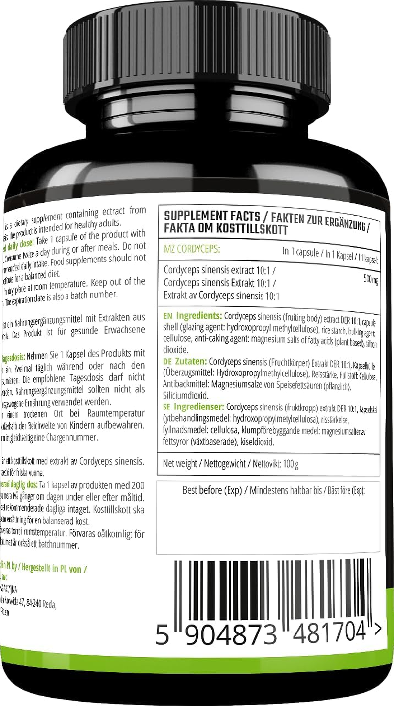 Cordyceps Mushroom 500 Mg per Capsule - Cordyceps Sinensis 10:1 Extract - 120 Vegan Capsules - 4 Months Supply - by MZ image number 1