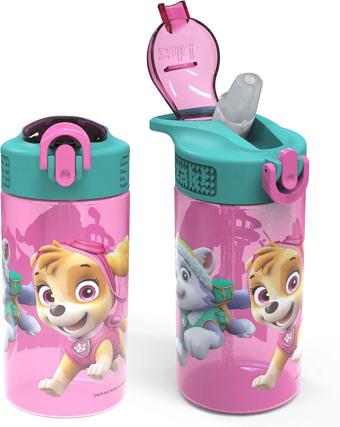 Zak Designs Kids Durable Plastic Spout Cover and Built-In Carrying Loop, Leak-Proof Water Design for Travel, (16Oz, 2Pc Set), Paw Patrol Skye Bottle 2Pk
