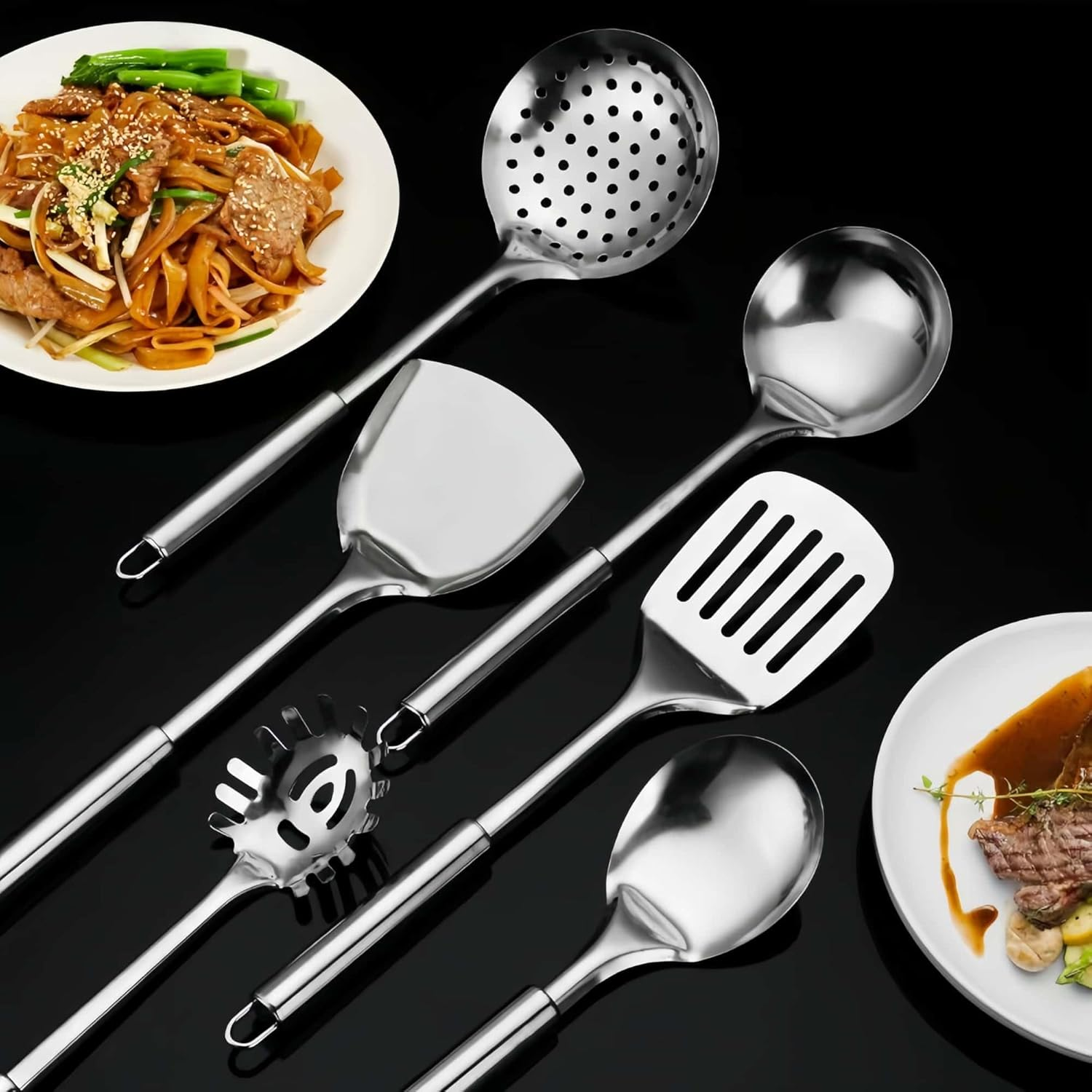 HOLADAWN Stainless Steel Kitchen Cooking Utensil Set - 6 Pcs Premium Serving Utensils with Spatula, Slotted Turner, Soup Ladle, Skimmer Spoon, Pasta Spoon, Serving Spoon image number 1