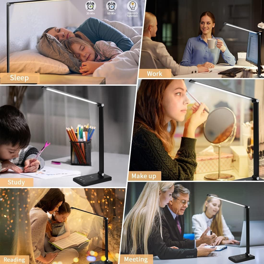 Lylilidy LED Desk Lamp with Wireless Charger & Plug, Table Lamp with 10 Brightness, 5 Lighting Colors, Dimmable Eye-Caring Desk Lamps for Home Office, Touch Control, 30/60Min Auto Timer image number 1