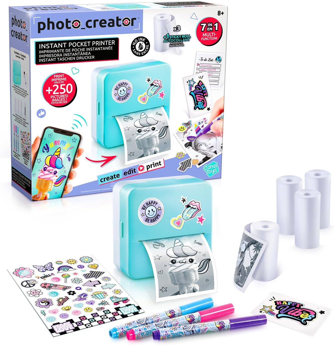Canal Toys - Photo Creator CLK017 Pocket Printer Set for Smartphone with Markers, Stickers and Thermal Paper Rolls for Instant Printing 1 Portable Printer Blue