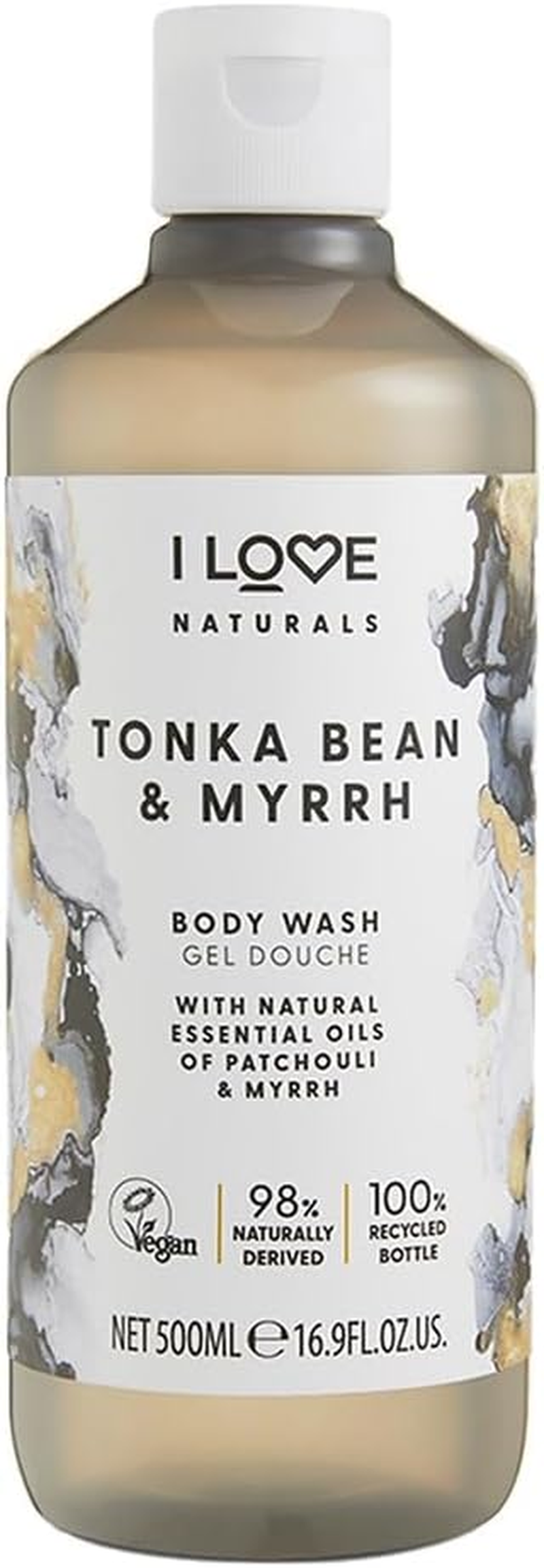 I Love Naturals Tonka Bean & Myrrh Body Wash, Natural Oils of Patchouli & Myrrh, Formulated Using Essential Oils for Silky Smooth & Moisturised Skin, 100% Recycled Bottle & Vegan-Friendly - 500Ml
