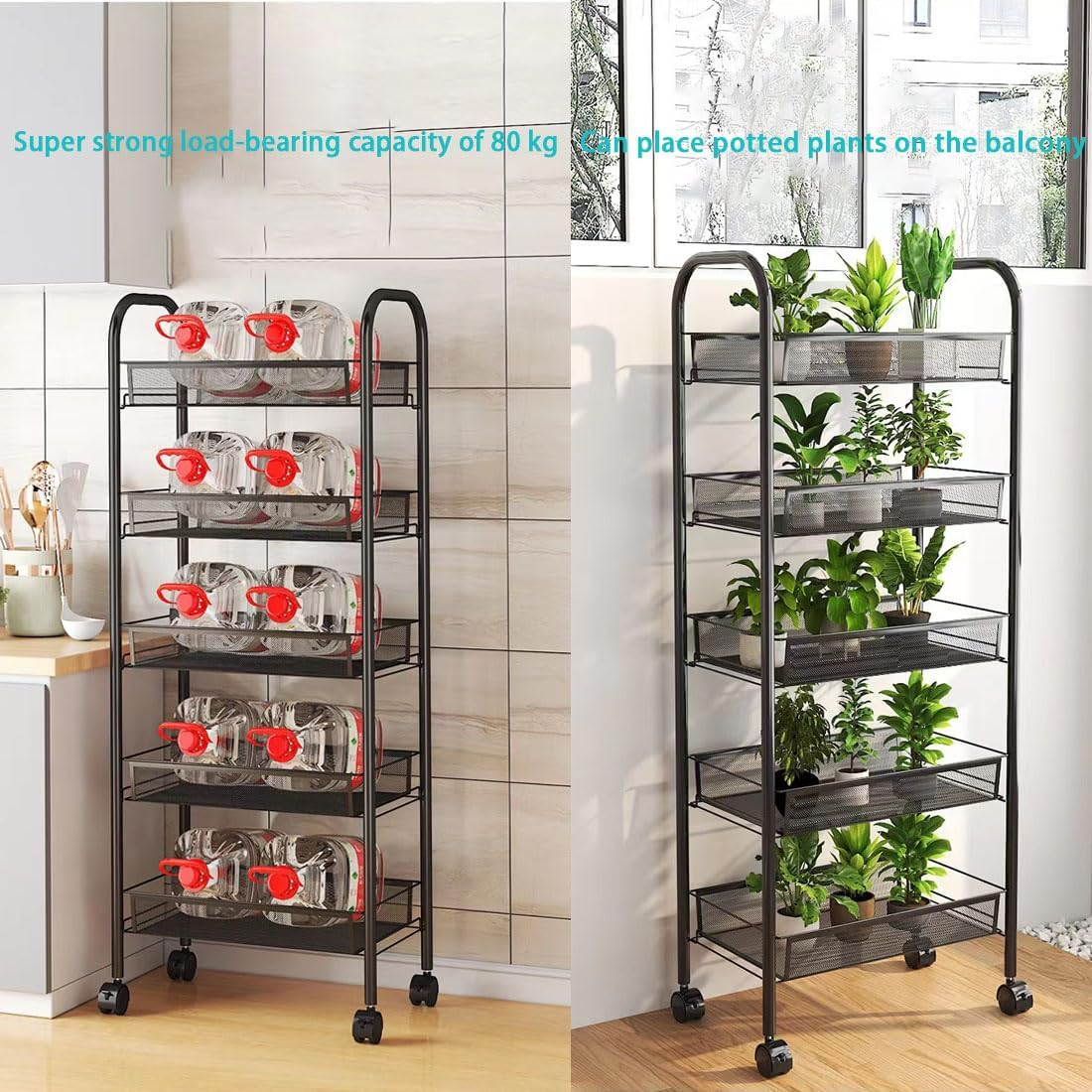 Heavy-Duty Rolling Kitchen Cart - 5-Tier Storage Shelves for Coffee Bar, Microwave & Small Space Organization (Black) image number 1