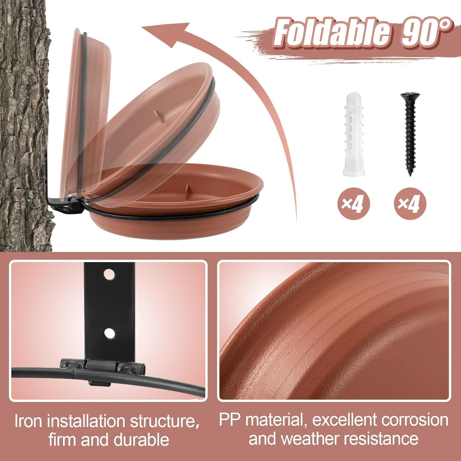 2Pcs Fence Bird Feeders Tray, Tree Mounted Wild Bird Bath for Outdoors Place Food Water, Installed on Wooden Fence Wall Tree Deck Stakes with Heavy Duty Iron Ring image number 5