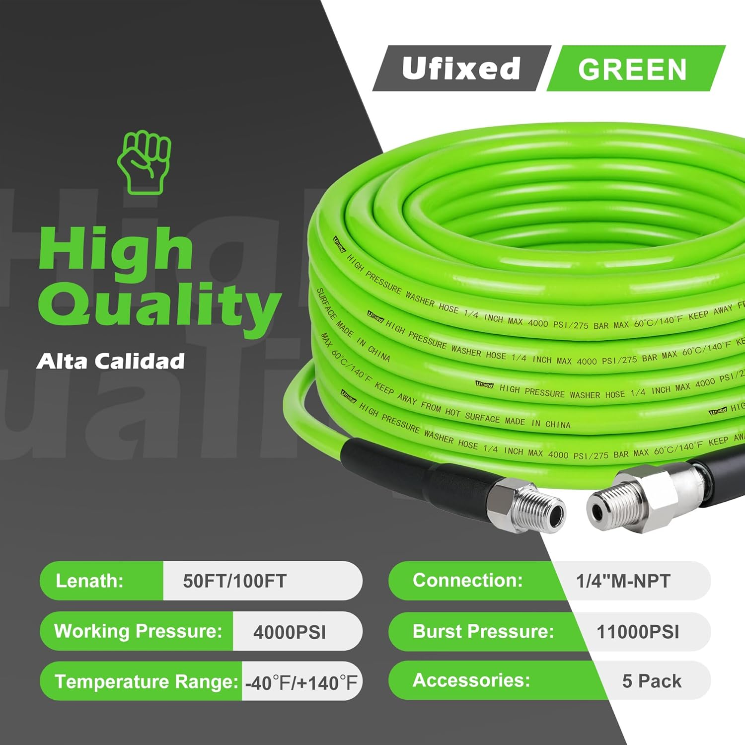 Kink Resistant Power Washer Hose 100 FT 1/4 Inch 4000 PSI, Ufixed Sewer Jetter Kit for Flexible High Pressure Washer Hose Extension Connector, Fit to All Electric and Gas High Pressure Washer Green image number 3