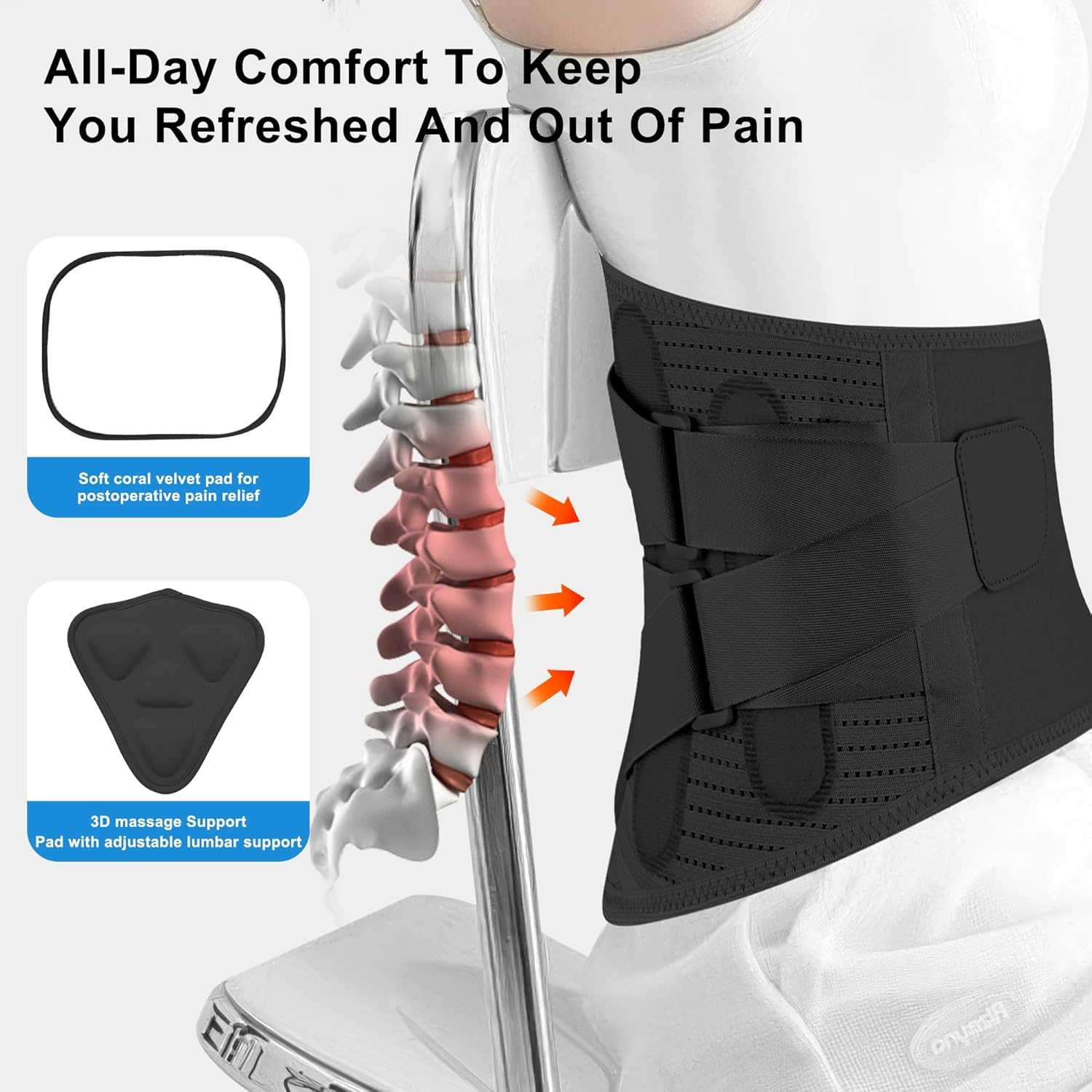 Back Brace for Lower Back Pain Relief for Man/Women Adjustable Lumbar Support Belt Breathable Mesh for Herniated Disc,Sciatica,Scoliosis with Removable 3D Pad Home Work Sports (L) image number 3