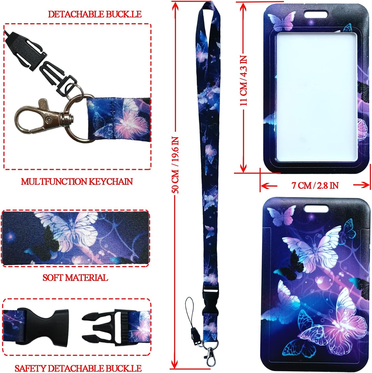 Purple Butterfly Retractable ID Badge Holder with Detachable Lanyard, Fashionable Badge Reel Heavy Duty with Carabiner Clip Lanyards for Keys USB Nurse Medical Student Teacher Office Women Men Gifts - 2 Set Moon image number 4