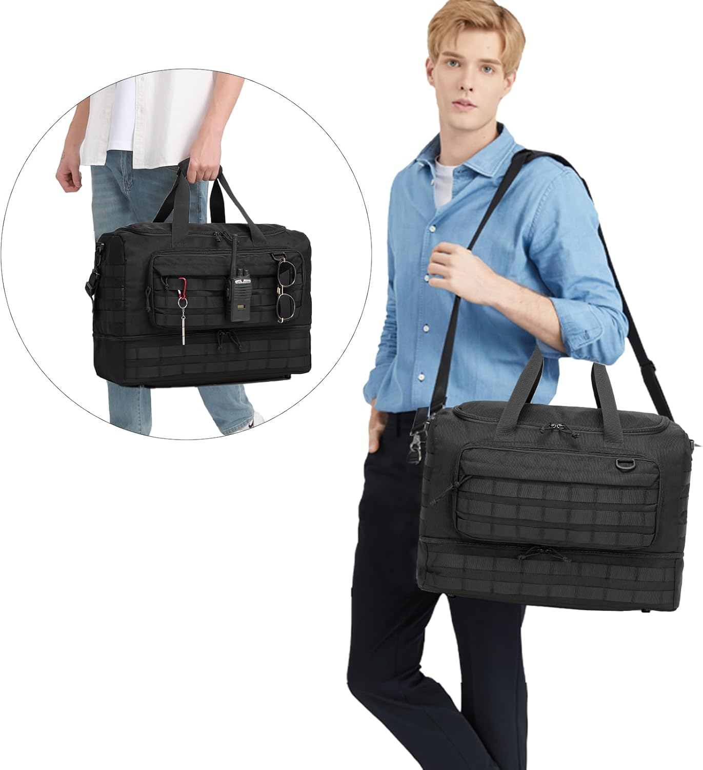 Travel Bag for Men,Military Tactical Gym Duffle Bag with Shoe Compartment Tactical Duffle Bags for Travel Carry on Bag Weekender Overnight Sport Duffel Range Bag for Workout-Black image number 4