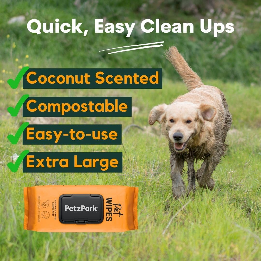 Dog Wipes Petz Park - Hypoallergenic, Cleaning and Hydrating, for Grooming Paws, Body and Butt - Coconut Scented, Made from 100% Compostable Bamboo - 100 Wipes image number 1