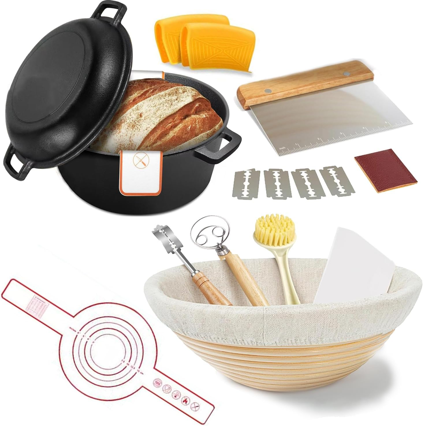 5QT Cast Iron Dutch Oven for Bread Baking, Proofing Basket Sourdough Starter Kit, Bread Making Pan Pot with Lid, Sour Dough Tools Set Includes Lame Supplies,For Family Cooking,Frying,Braising,Bbq,Black. image number 1