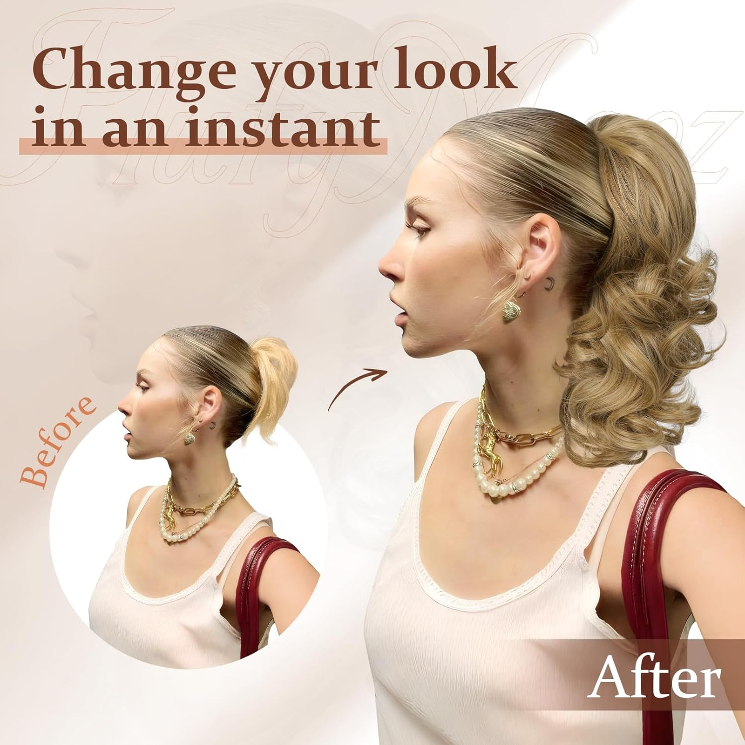 Flufymooz Ponytail Extension, 14 Inch Short Drawstring Ponytail Hair Extension for Women, Soft Synthetic Pony Tails Hairpiece for Women (Chocolate Brown with Medium Blonde) image number 3