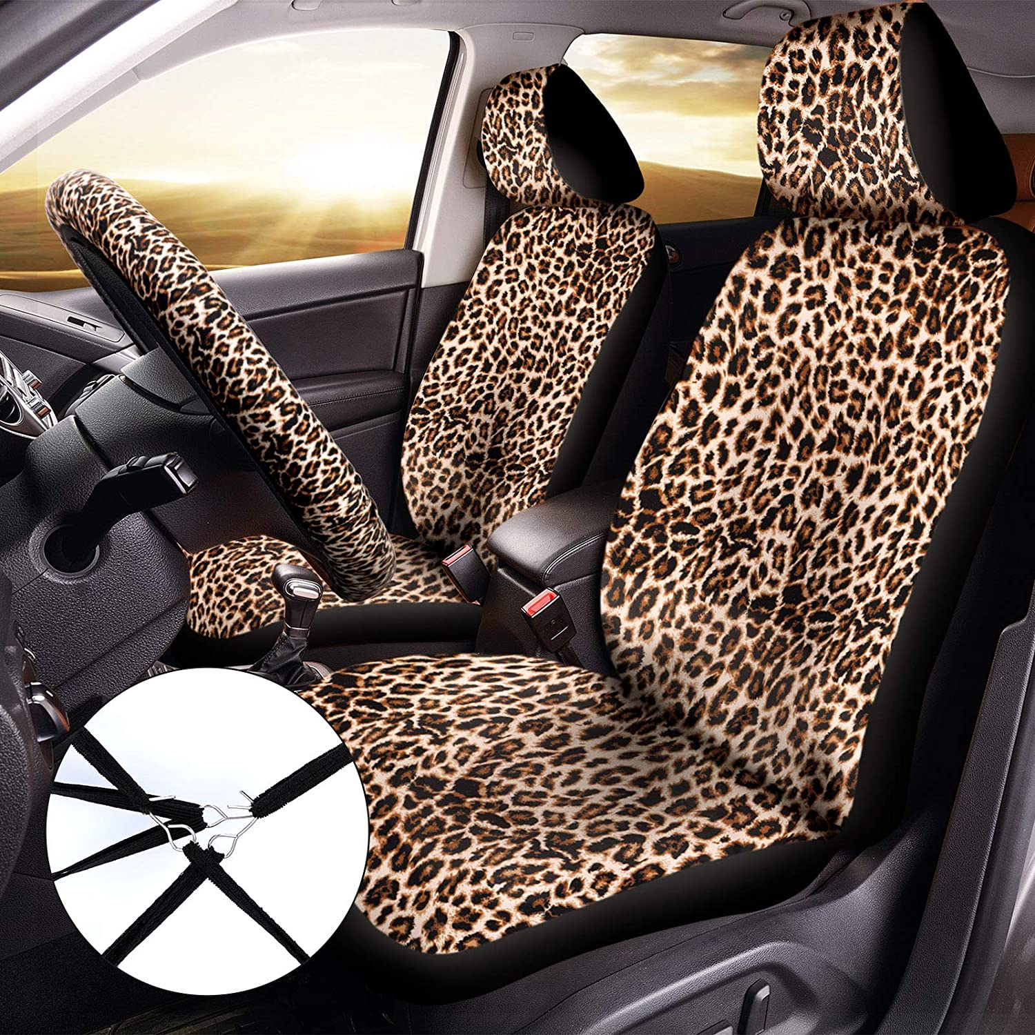 13 Pieces Leopard Print Car Seat Covers Full Set, Accessories Set with Steering Wheel Cover, Pads, Armrest Cover, Seat Belt Pads and Keychain Wrist Holder image number 3