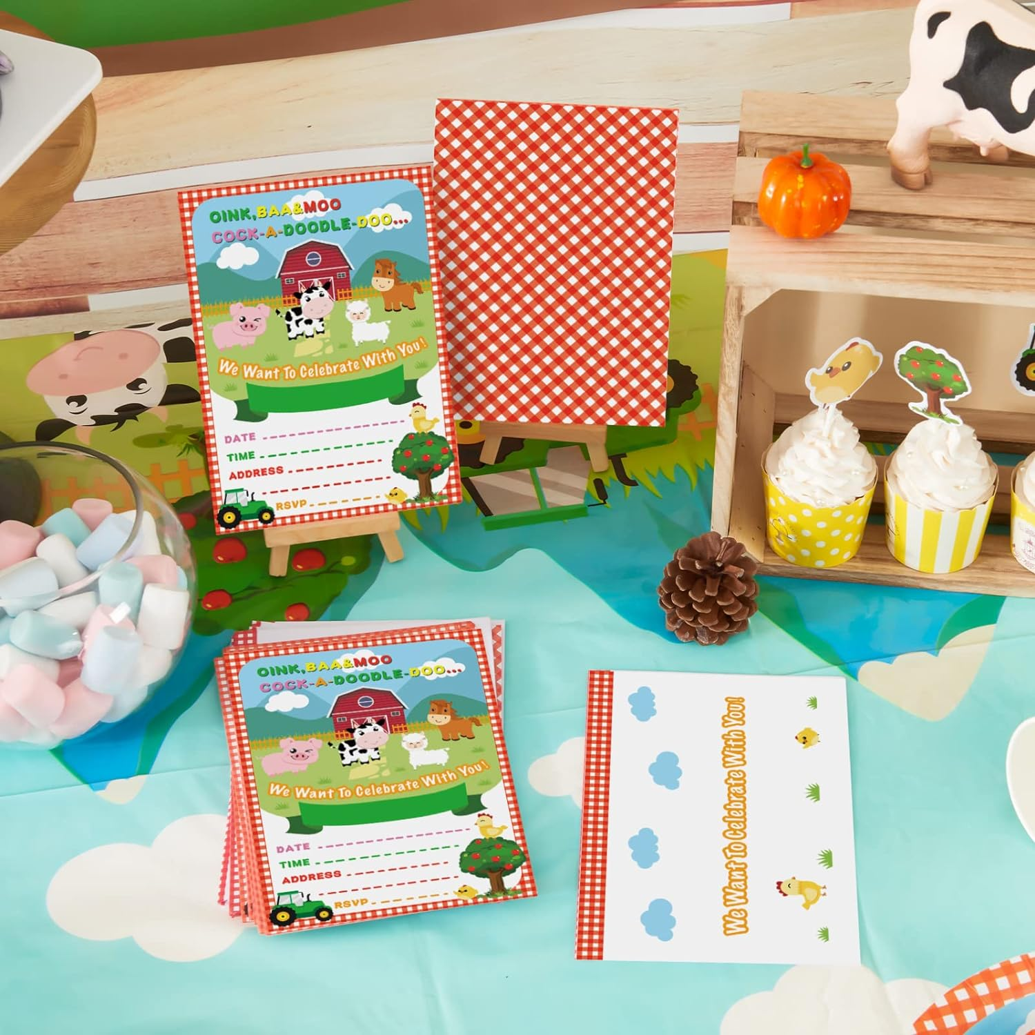 WERNNSAI Farm Party Invitations with Envelopes - 20 Count Farm Animals with Barnyard Tractor Invite Cards for Kids Boys Birthday Baby Shower Farm Themed Party Supplies