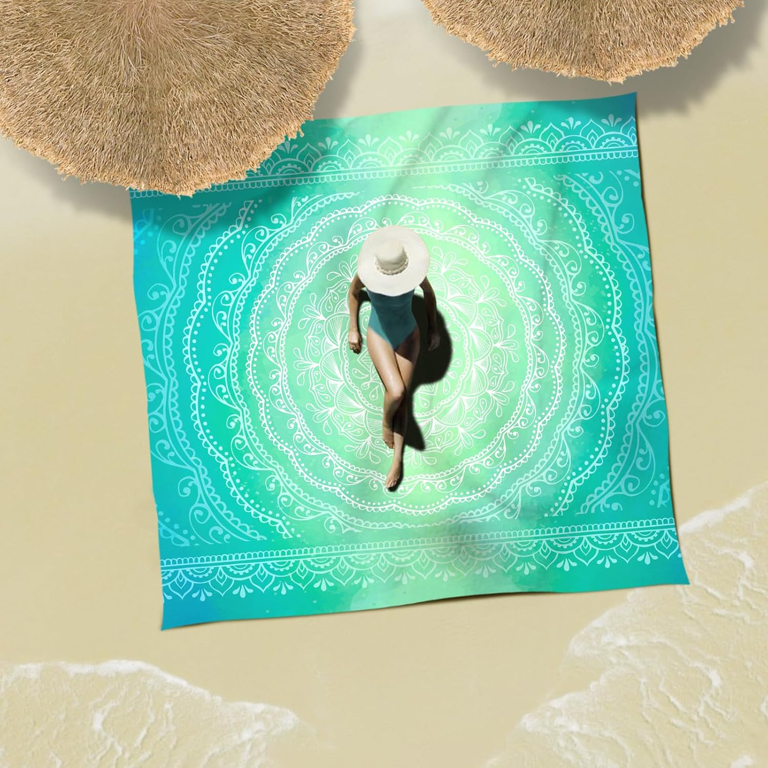 Sunlit 10'X9' Extra Large Boho Sand Proof Beach Blanket, Sand Proof Mat with Corner Pockets and Mesh Bag for Beach Party, Travel, Camping and Outdoor Music Festival, Bright Turquoise Mandala image number 3