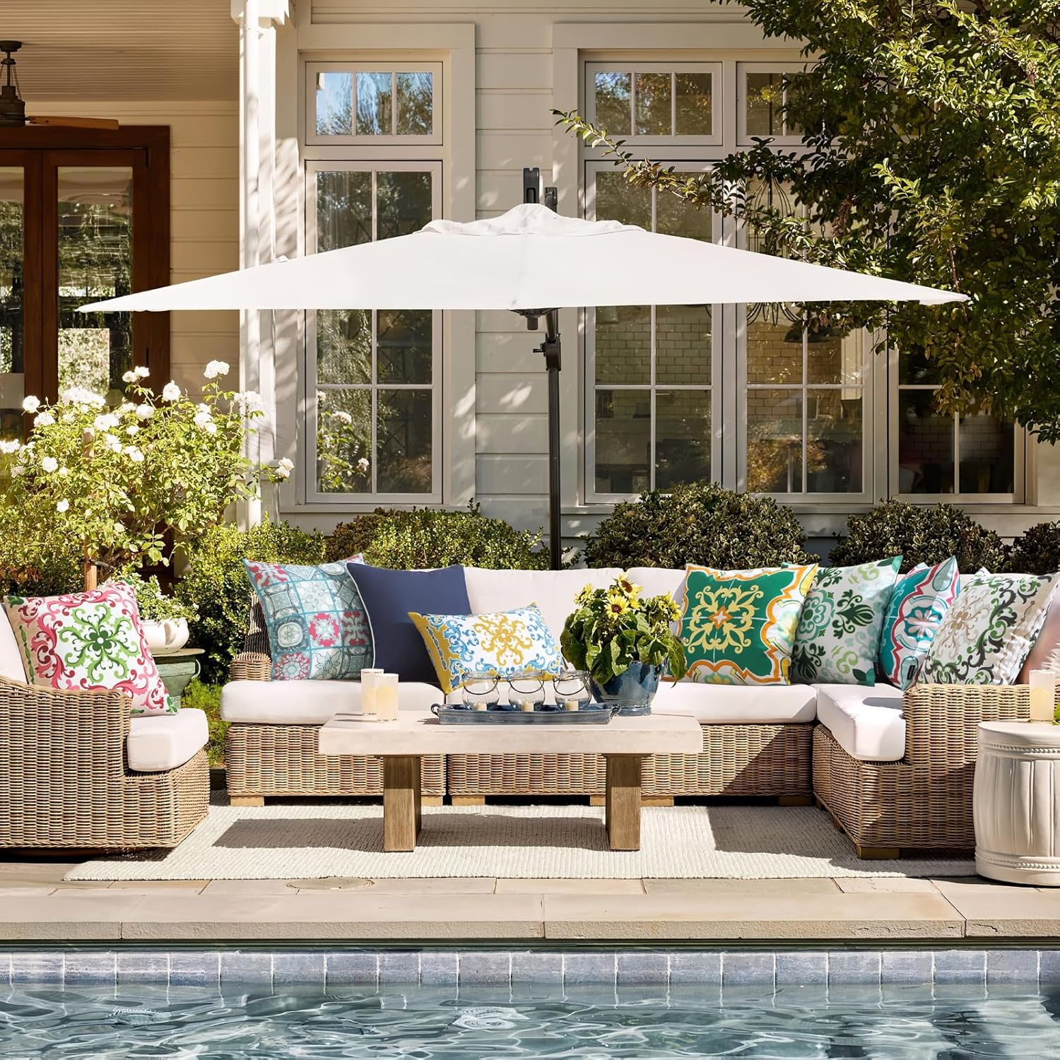 Phantoscope Set of 4 Outdoor Waterproof Throw Pillow Covers, Geometric, Decorative Boho Farmhouse Outdoor Pillows Cushion Case for Home Patio Furniture Tent Sunbrella, Teal/Pink 18X18 Inches image number 6