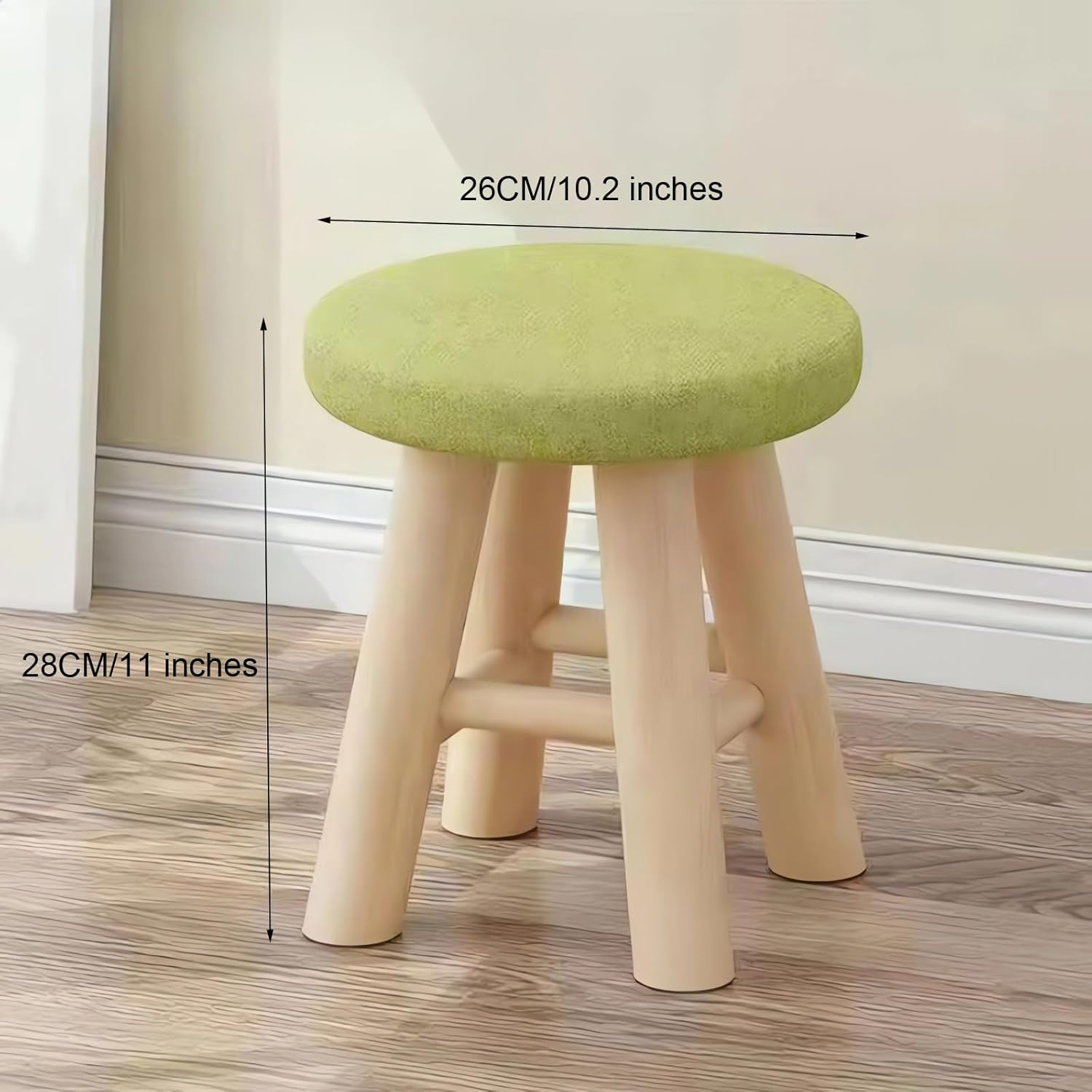 Round Padded Ottoman Stool, 26 X 28 Cm, Wooden Legs, Grey/Blue and Green A268 (Green) - Grey image number 4