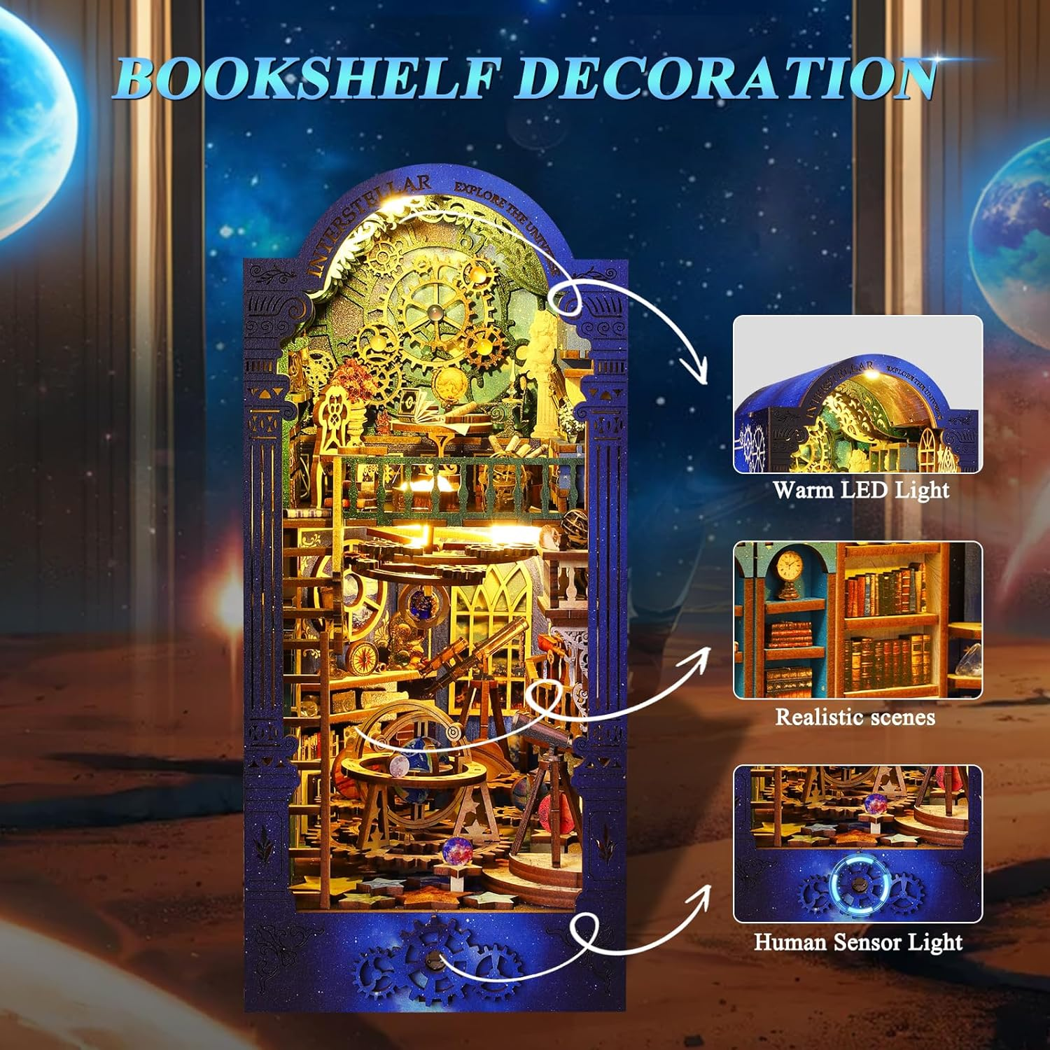 Spobot DIY Book Nook Kit Dollhouse Magic Booknook Bookshelf Insert Decor 3D Wooden Puzzle Bookend Miniature Kit with Sensor Light Creative Craft/Home Decoration for Adult (Interstellar Exploration) image number 4