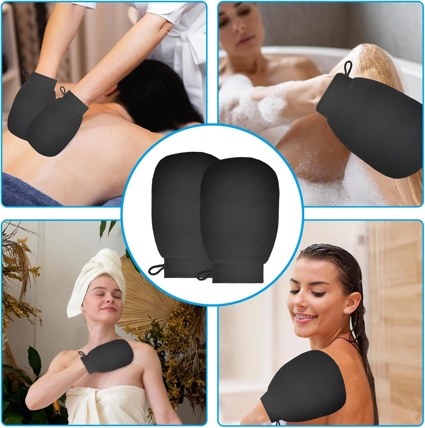 AIAOO 1 Pair Korean Exfoliating Mitts & Gloves, Dual-Sided Body Scrub Mitt for Deep Clean, Reusable Soft Shower Exfoliating Towel for Women Men Adults Teens (Black, 21X15Cm) image number 2