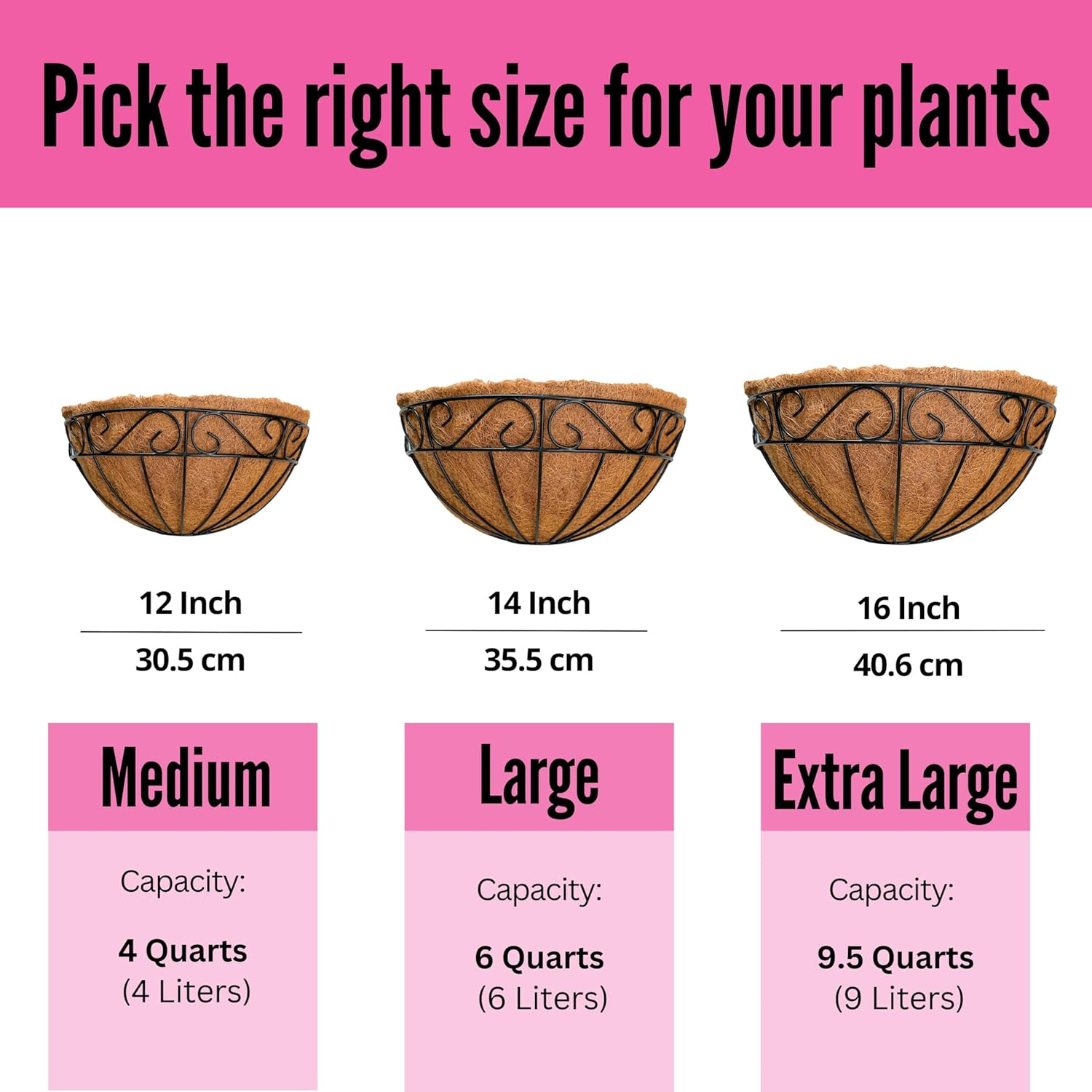 Lalagreen 16 Inch Wall Hanging Planters - 2 Pack, Large Wall Mounted Flower Basket with Coco Liner, Black Metal Horse Trough Window Herb Pot Holder Outdoor Plants Fence Rail Railing Deck Porch Balcony image number 3