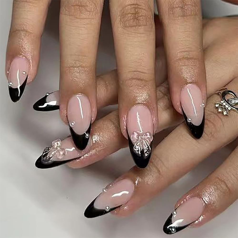 24PCS Short False Nails Almond, French Tip Black Press on Nails Designs, Glossy Removable Glue-On Nails Fake Nails Set with Glue Stickers, Acrylic Full Cover Stick on Nails for Women Girls image number 2