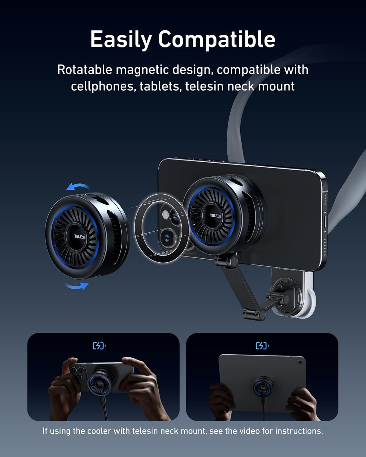 TELESIN Magnetic Phone Cooler Pro for Gaming and Live Streaming, Cell Phone Cooling Fan Portable Phone Radiator Cooling Fan for Magsafe, for Iphone/Android Magnetic Neck Mount image number 3