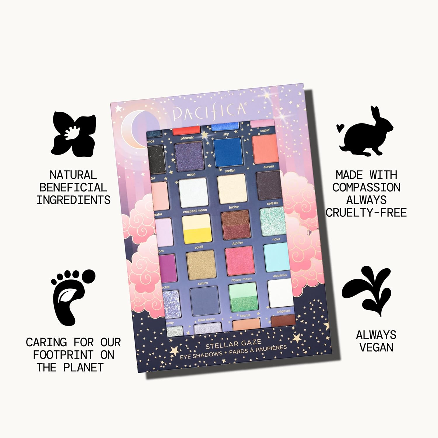 Pacifica Beauty, Stellar Gaze Eye Shadow Palette, 28 Eyeshadow Shades, Mineral Eyeshadow, Matte, Shimmer and Glitter Mica Shades, Vitamin E, Made from 100% Recyclable Paper, Vegan and Cruelty Free