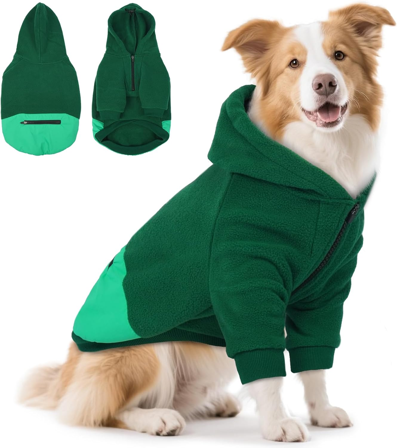 Lelepet Dog Hoodie for Small Dogs, Winter Dog Sweatshirt with Adjustable Hood, Warm Coat for Dogs, Pet Clothing Sweaters with Zipper Pocket, Soft Cold Winter All Weather Pet Clothes, Green 3XL image number 7