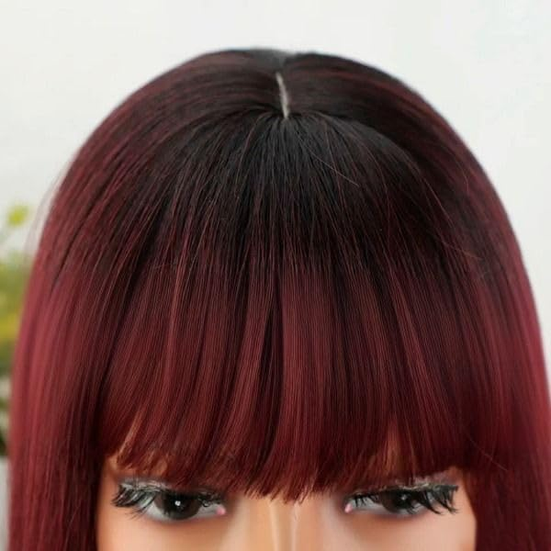 Long Straight Wigs for Women Women Synthetic Full Hair Natural Wine Red Ombre Wig with Tidy Fringes for Cosplay Costume or Daily Life (Wine Red, 26Inch) image number 3