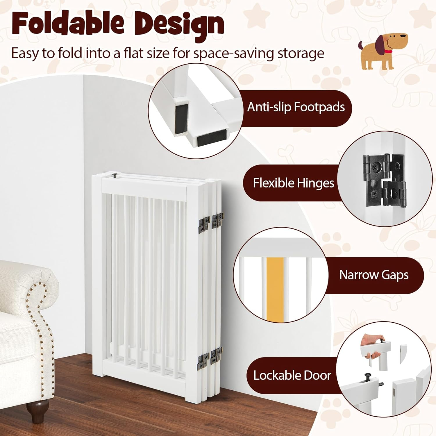 Giantex Dog Gate with Door - 30''H &times; 80''W Wooden Pet Gate with Walk through Door, Foldable Freestanding 4 Panels Pet Safety Fence Extra Wide for Doorway Stairs House Deck Yard, White image number 4