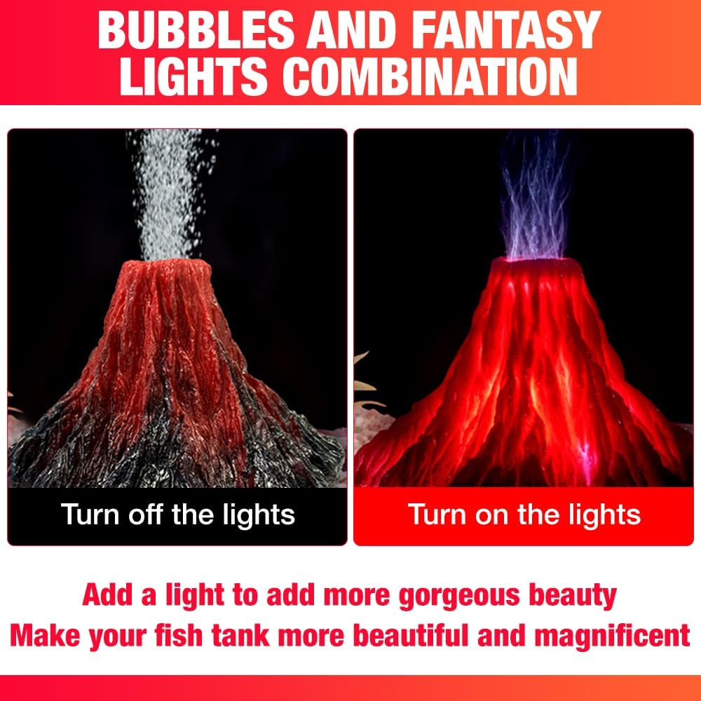HIULLEN Aquarium Decoration Set, Fish Tank with Colourful LED Lights, Volcano Shape Air Bubble Stone, Bubbler Accessories image number 5